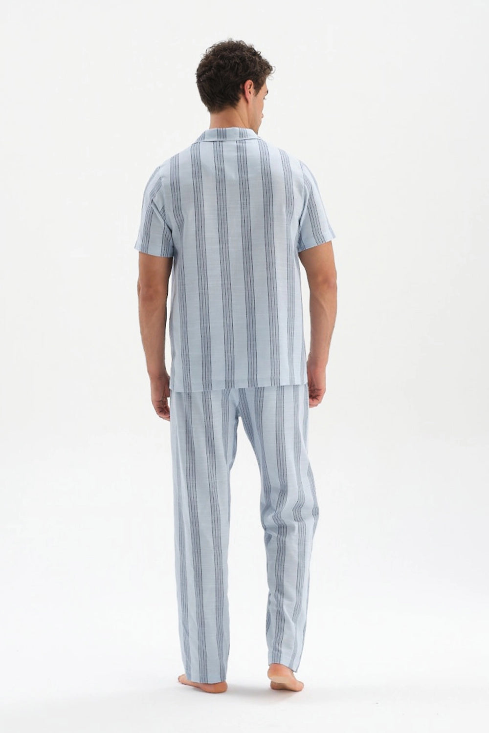 Açıkmavi Çizgili Dokuma Gömlek Pijama Üstü