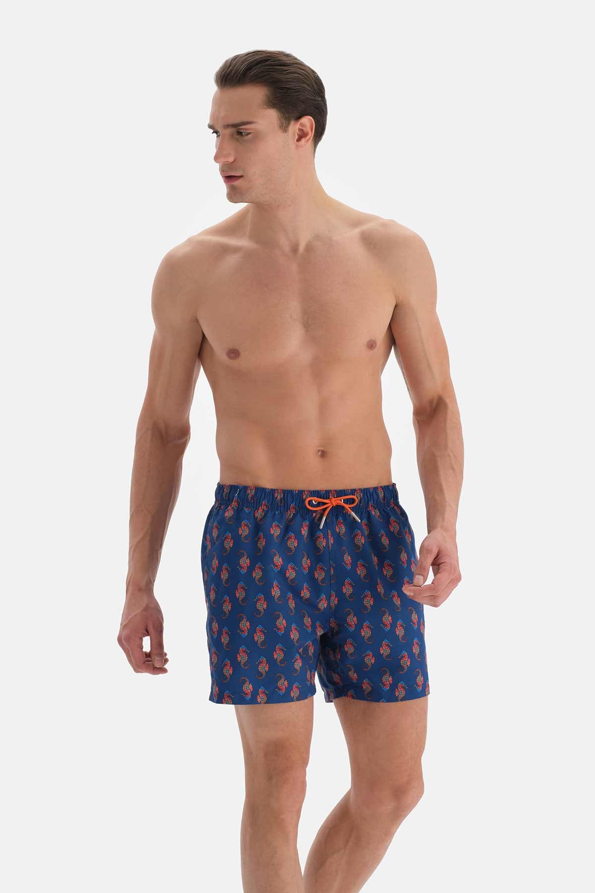 Lacivert Deniz Atı Desenli Kısa Deniz Şortu