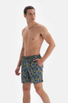 Antrasit - Petrol Tembel Hayvan Desenli Orta Deniz Şortu