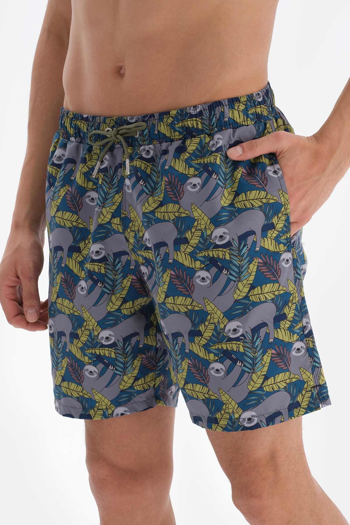 Antrasit - Petrol Tembel Hayvan Desenli Orta Deniz Şortu