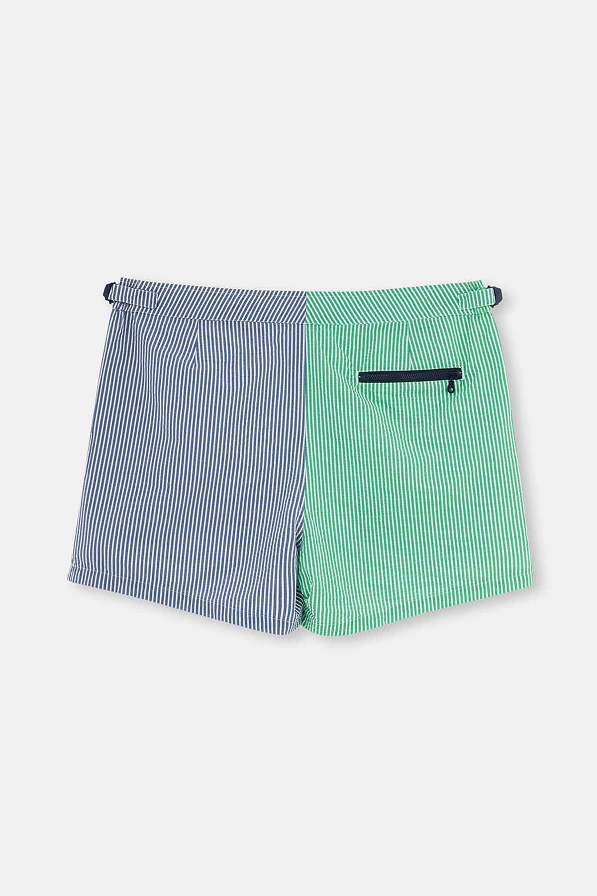 Yeşil - Mavi Çizgili Kemerli Deniz Şortu