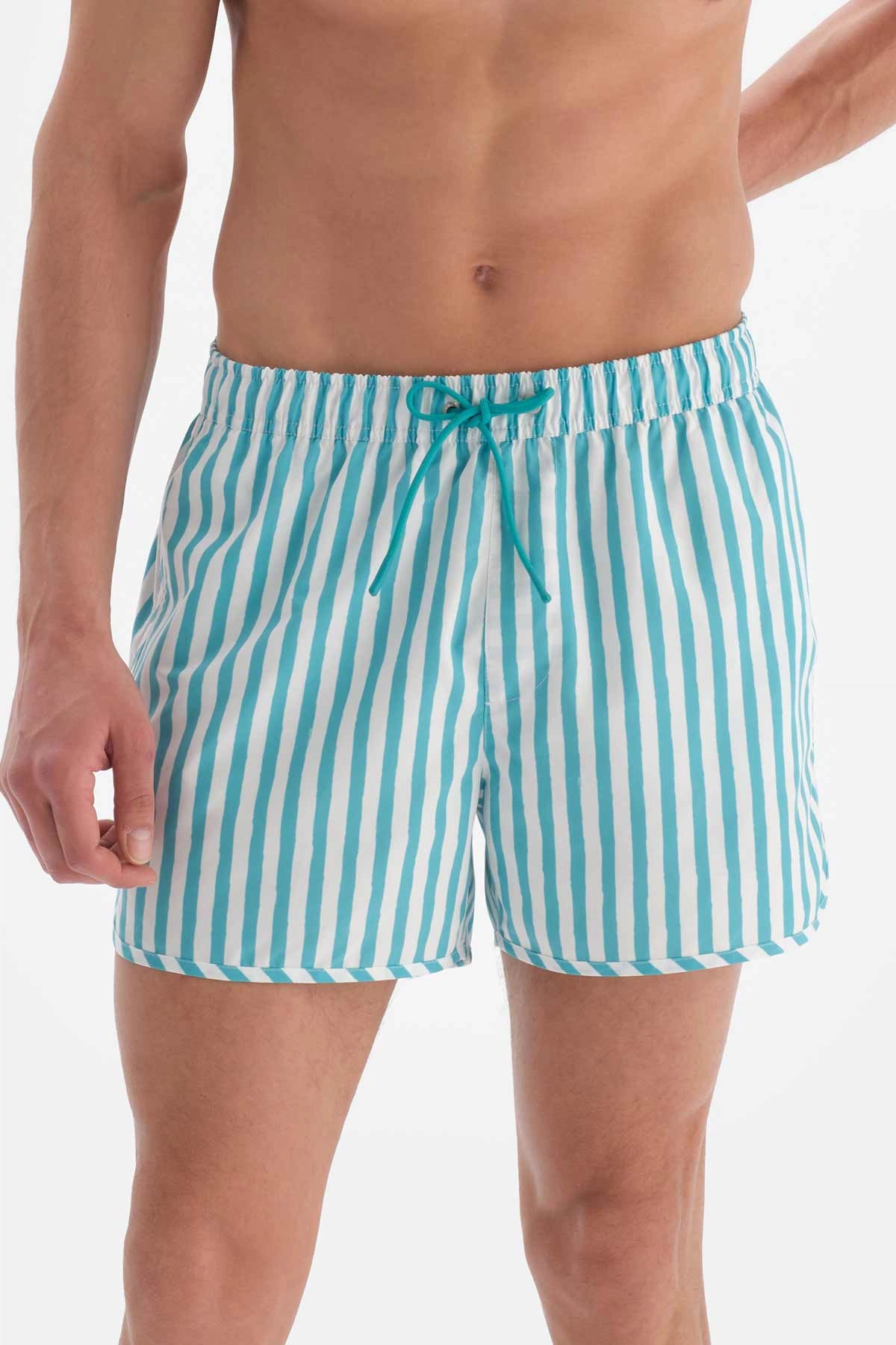 Yeşil-Beyaz Çizgili Mini Deniz Şortu