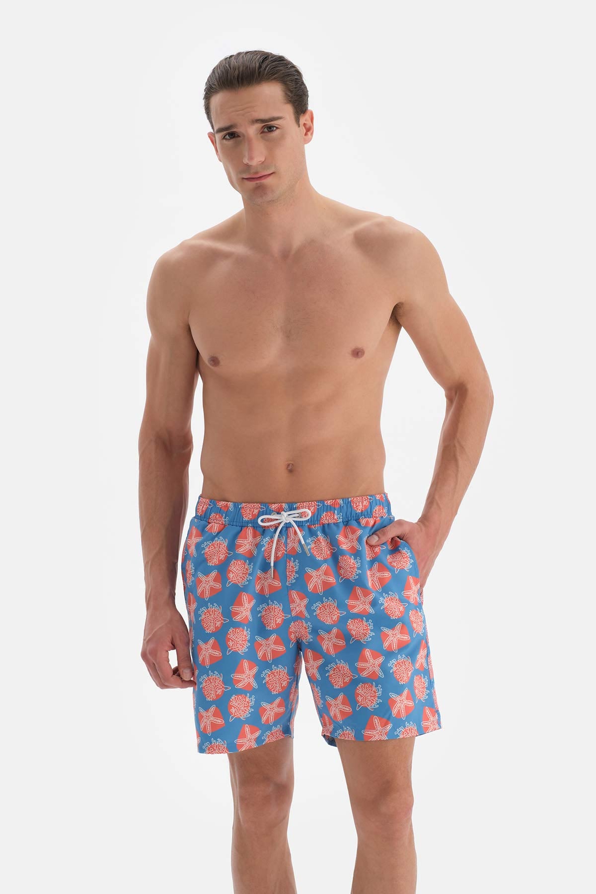 Mavi-Somon Desenli Orta Deniz Şortu