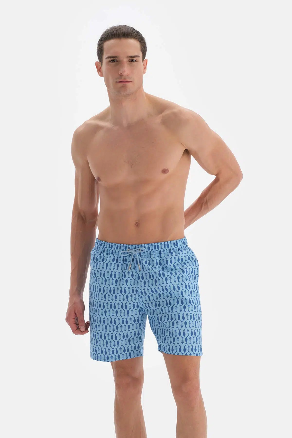 Mavi Kılçık Balık Desenli Orta Deniz Şortu