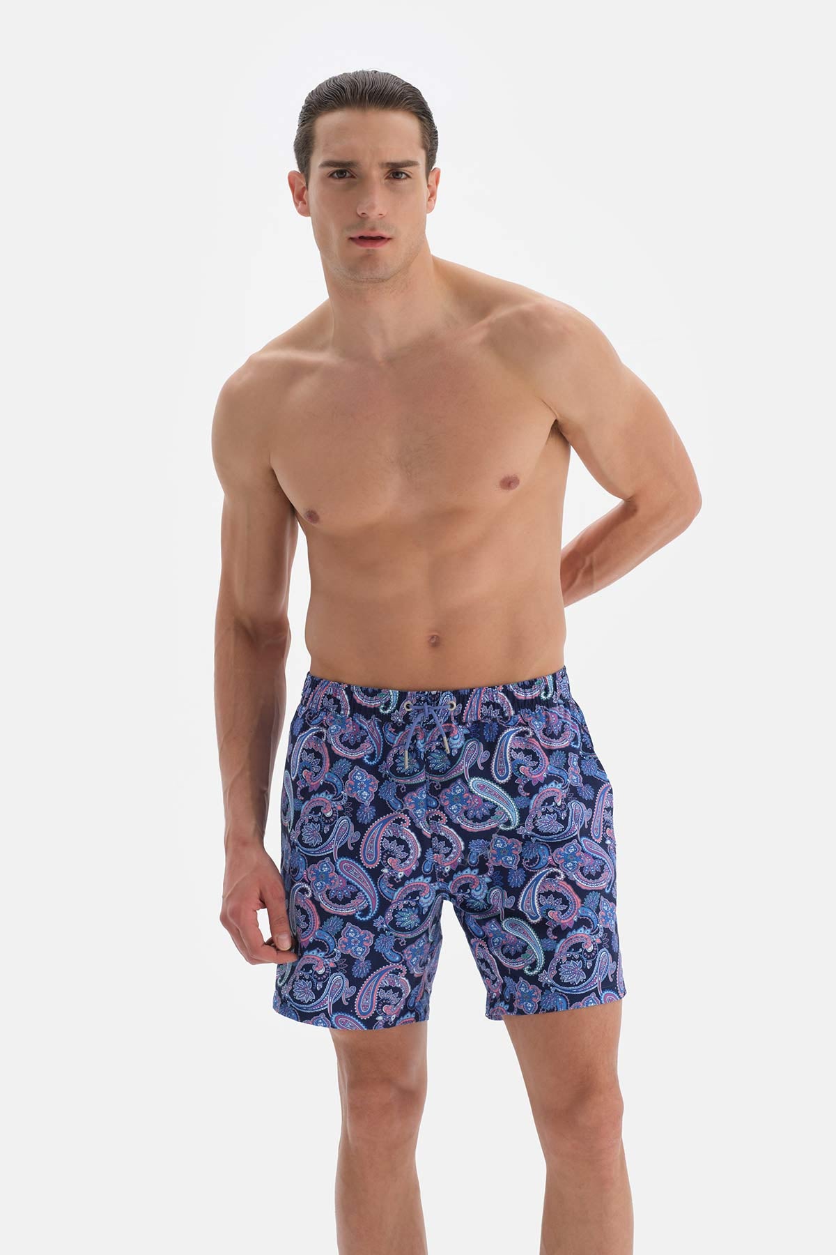 Mavi Şal Desenli Orta Deniz Şortu