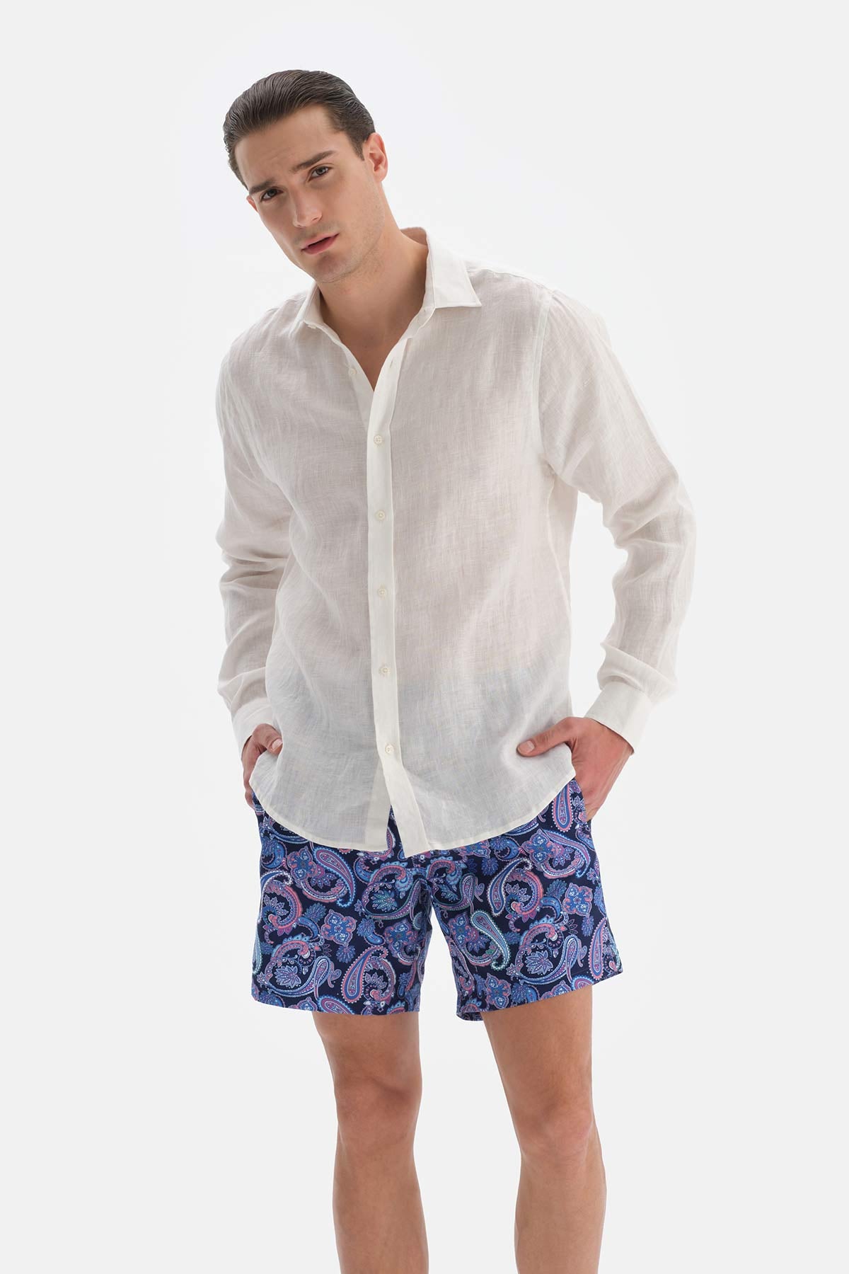 Mavi Şal Desenli Orta Deniz Şortu