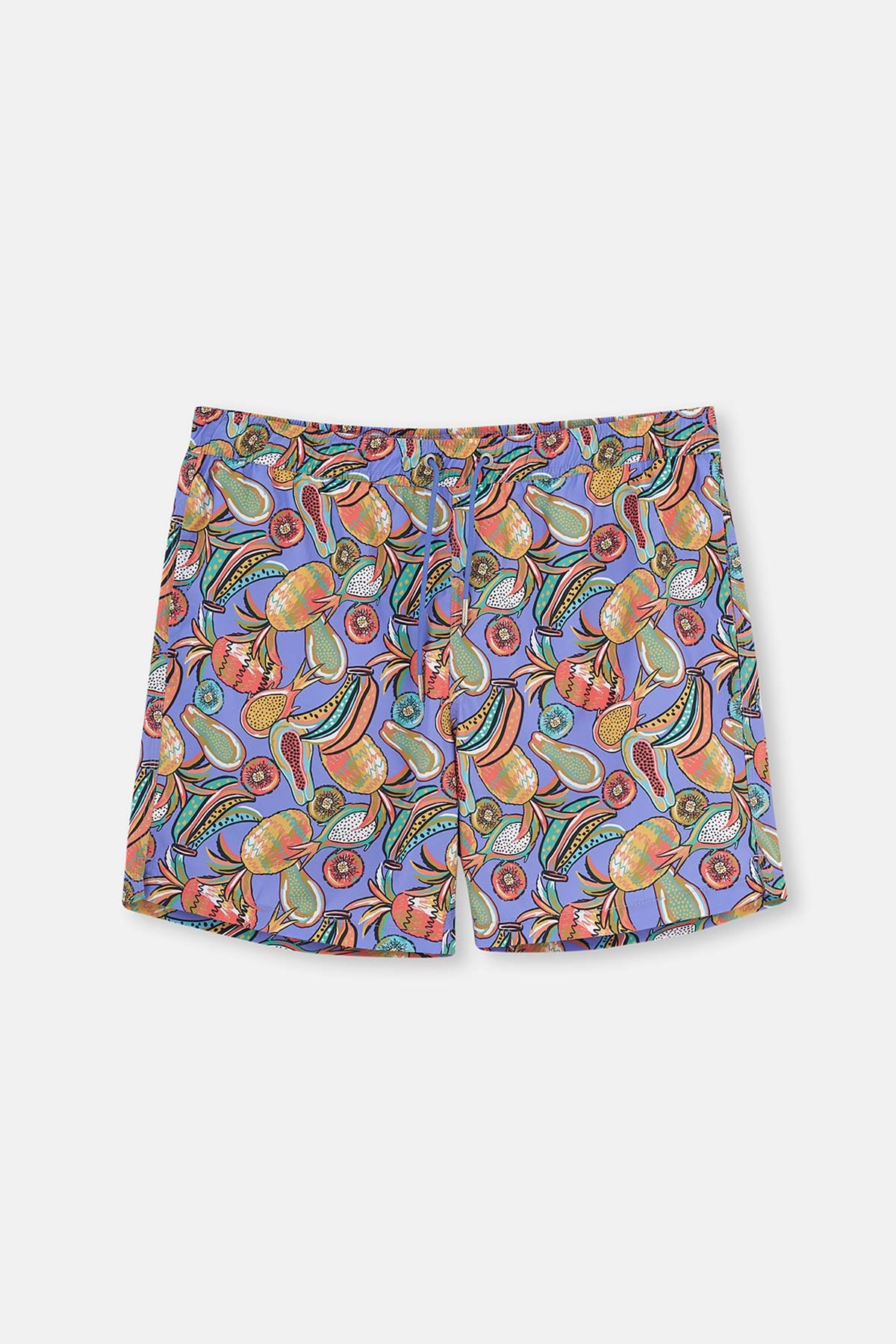 Lila Tropik Meyve Desenli Orta Deniz Şortu