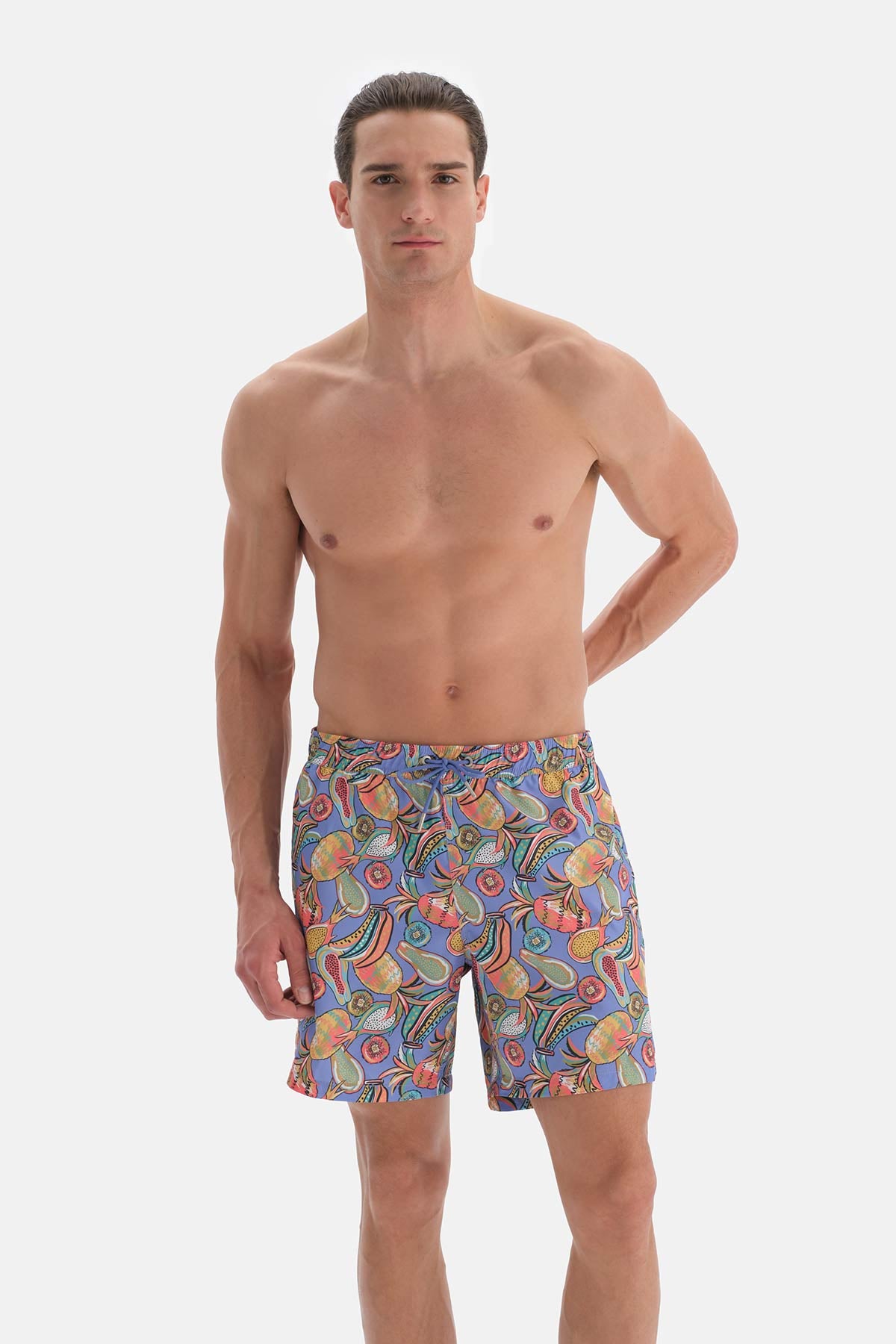 Lila Tropik Meyve Desenli Orta Deniz Şortu