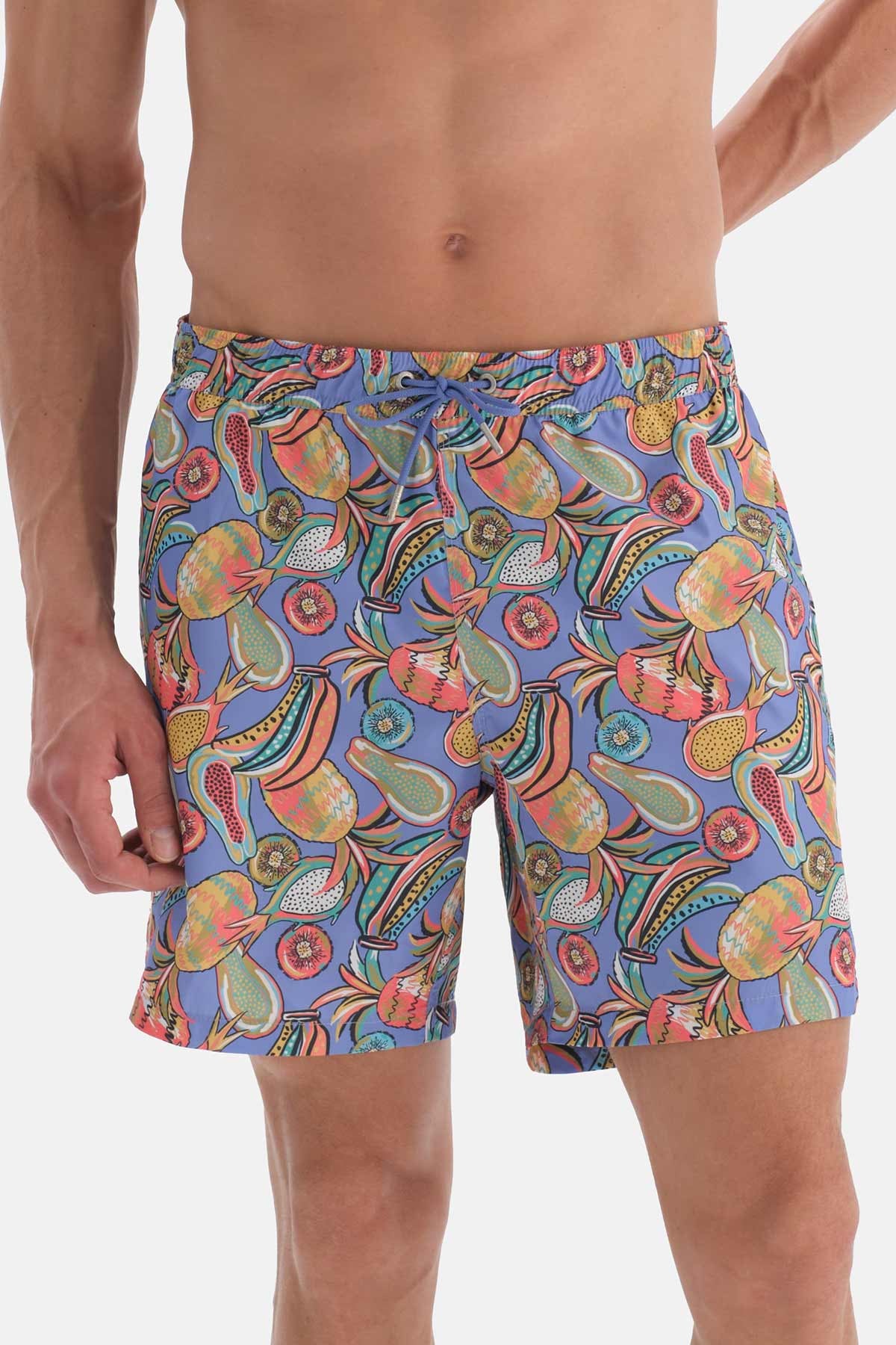 Lila Tropik Meyve Desenli Orta Deniz Şortu