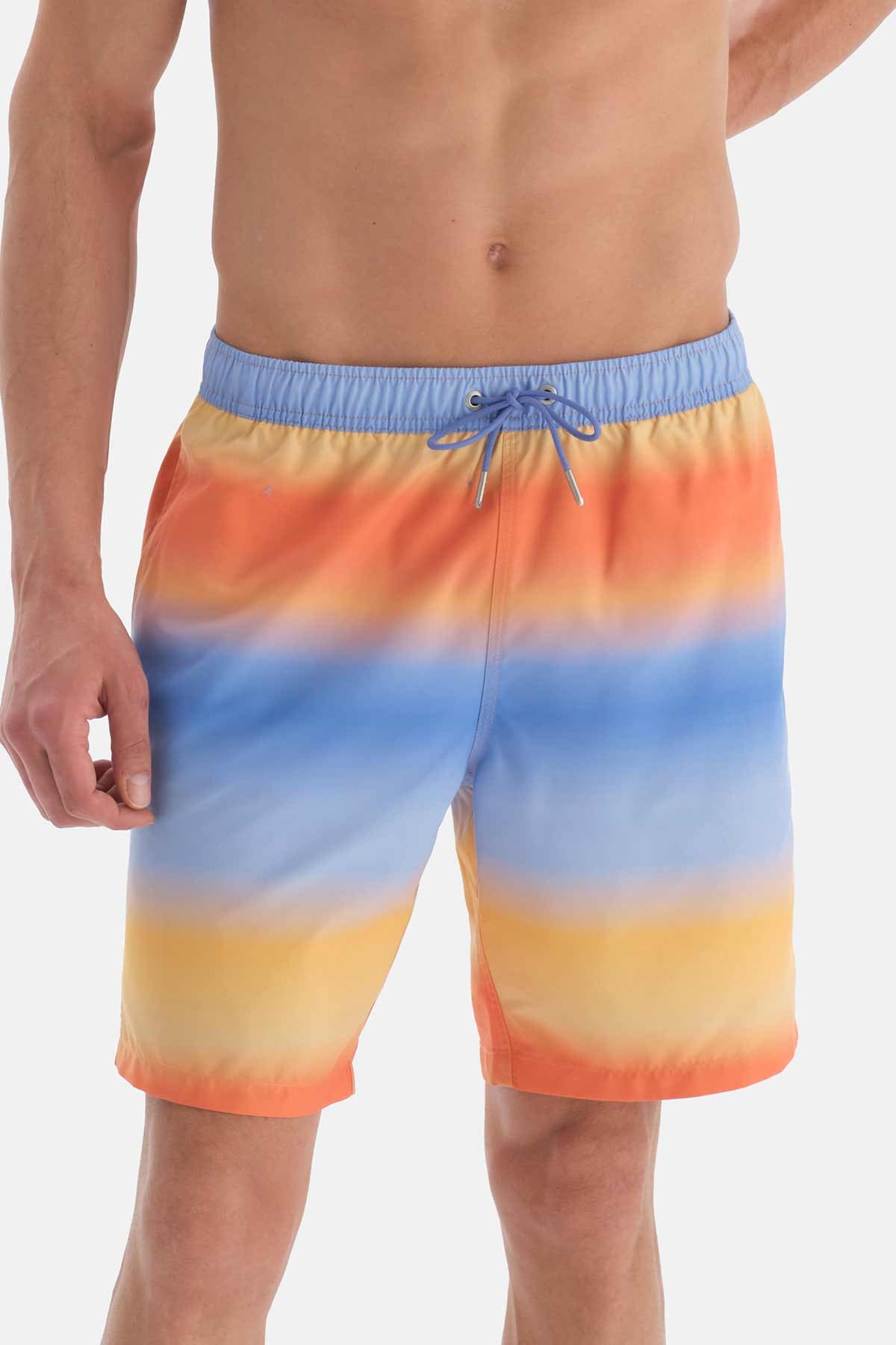 Mavi - Turuncu Degrade Desenli Uzun Deniz Şortu