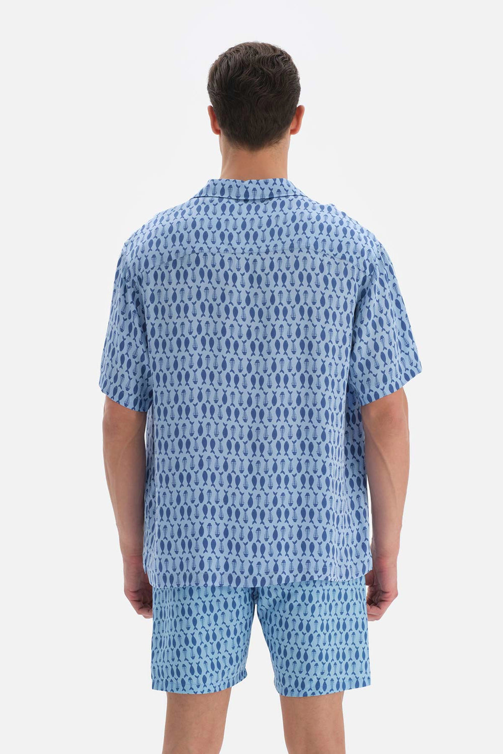 Açıkmavi Kılçık Balık Desenli Viskon Gömlek