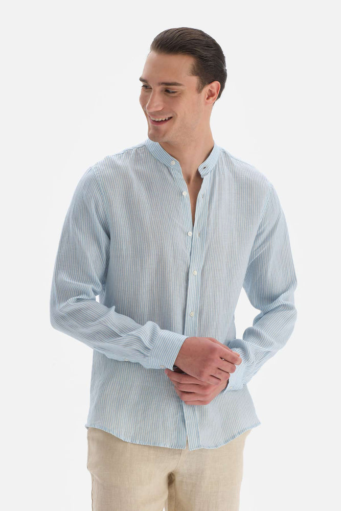Açıkmavi Keten m Yaka Çizgili Gömlek