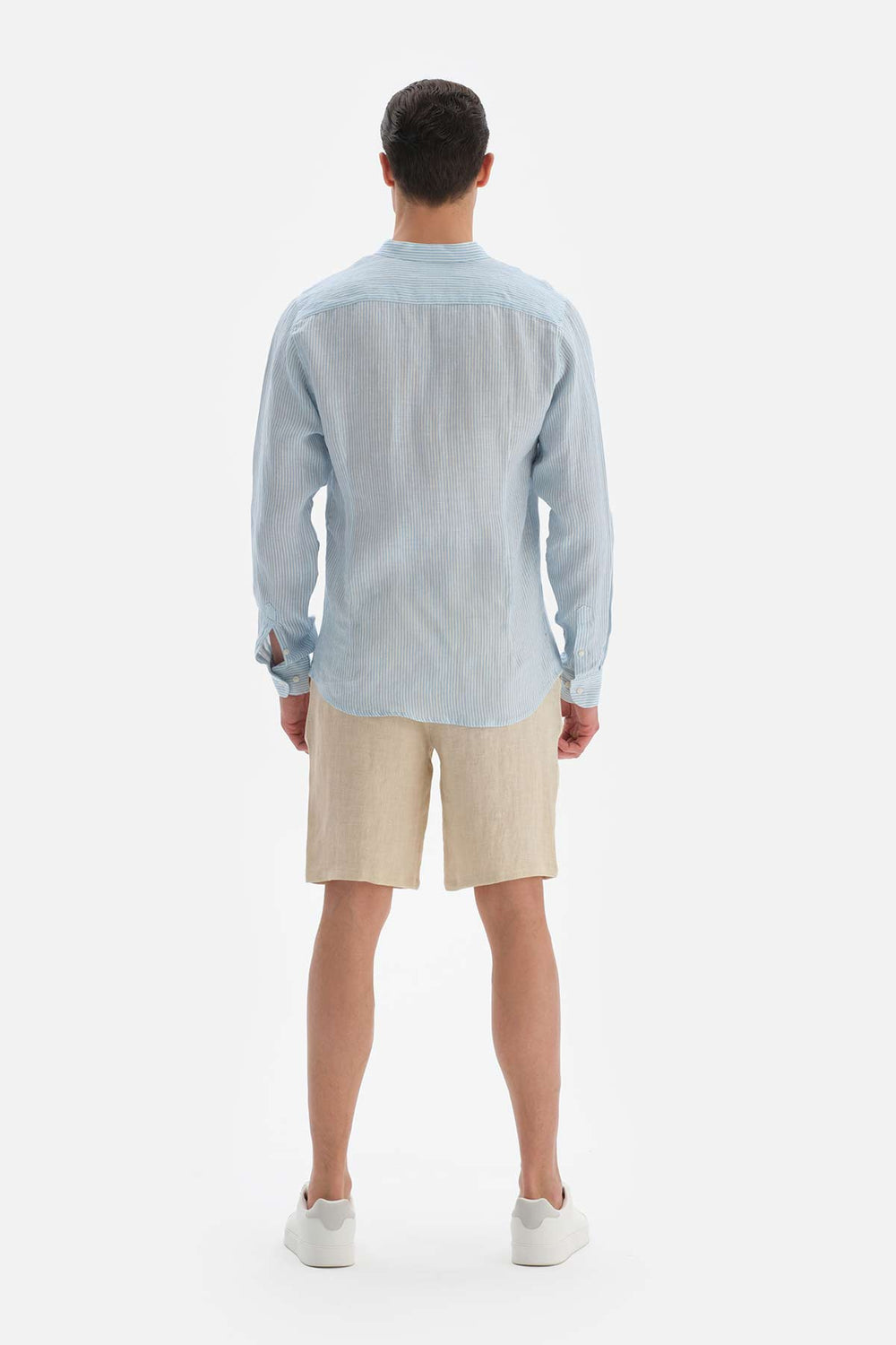 Açıkmavi Keten m Yaka Çizgili Gömlek