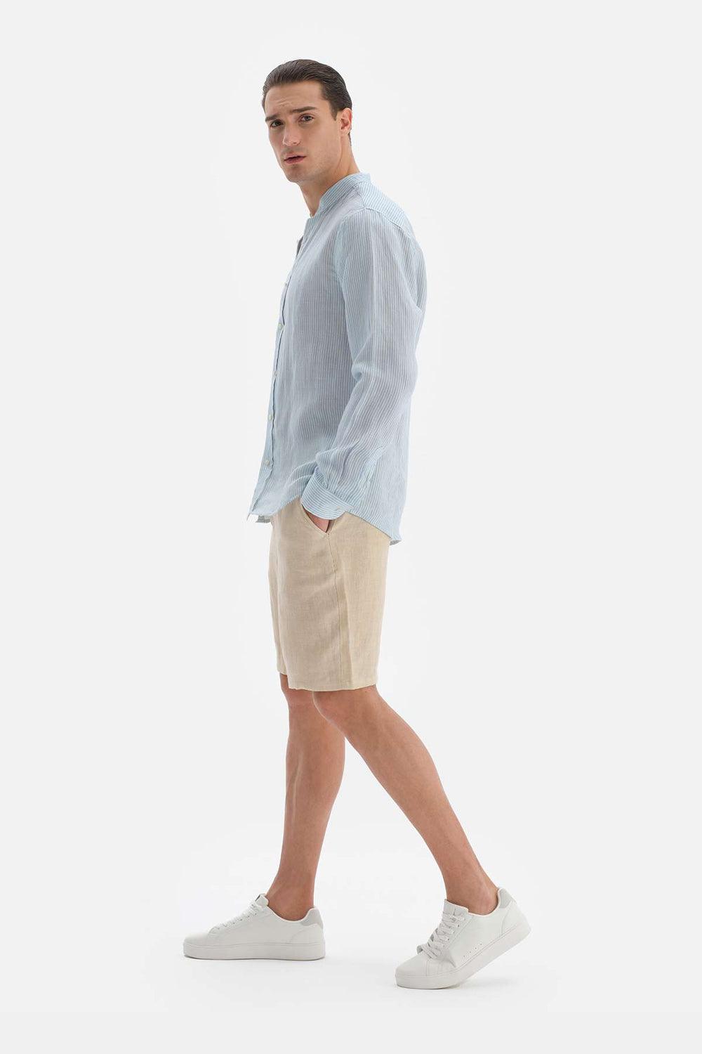 Açıkmavi Keten m Yaka Çizgili Gömlek