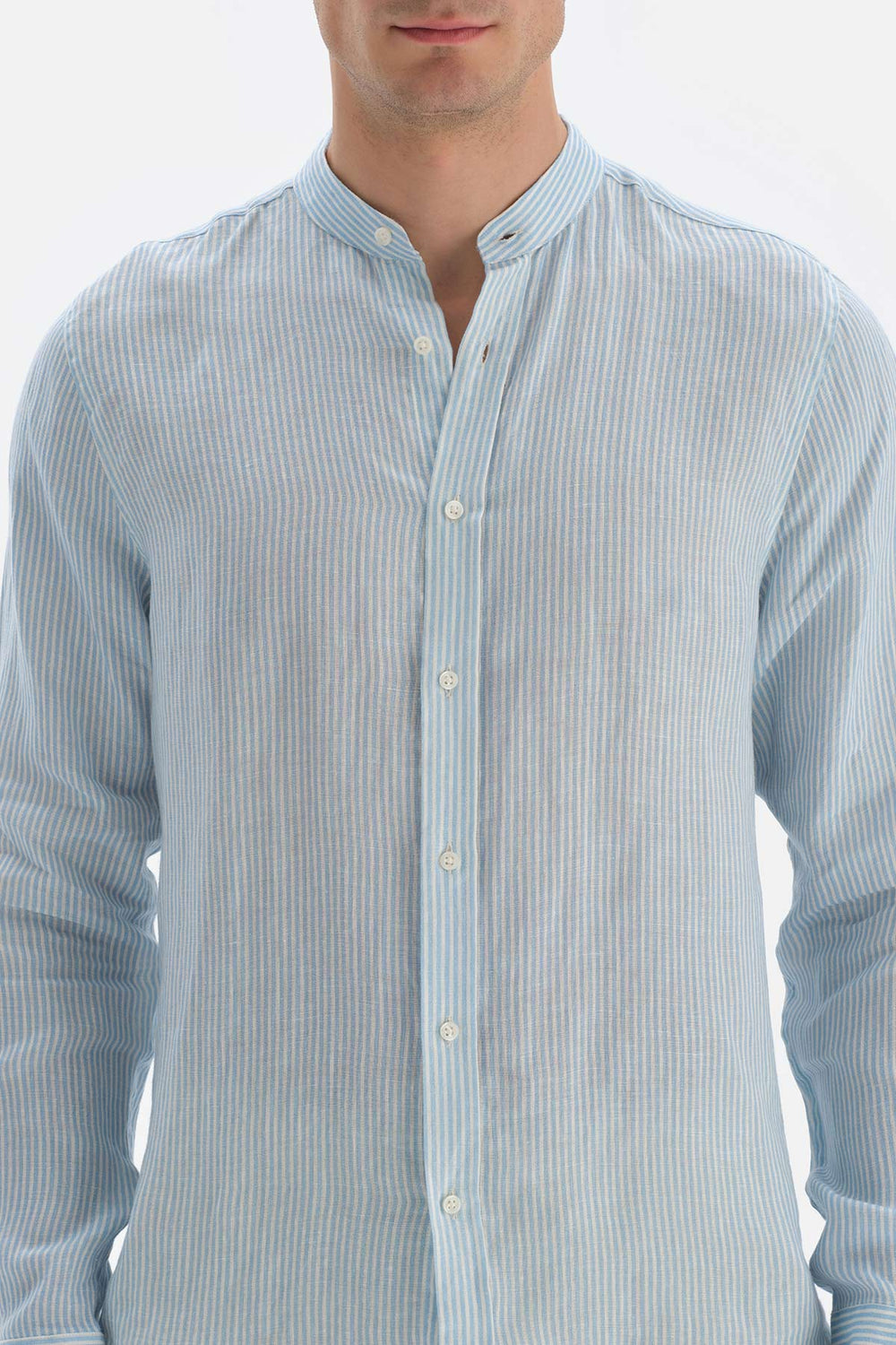 Açıkmavi Keten m Yaka Çizgili Gömlek