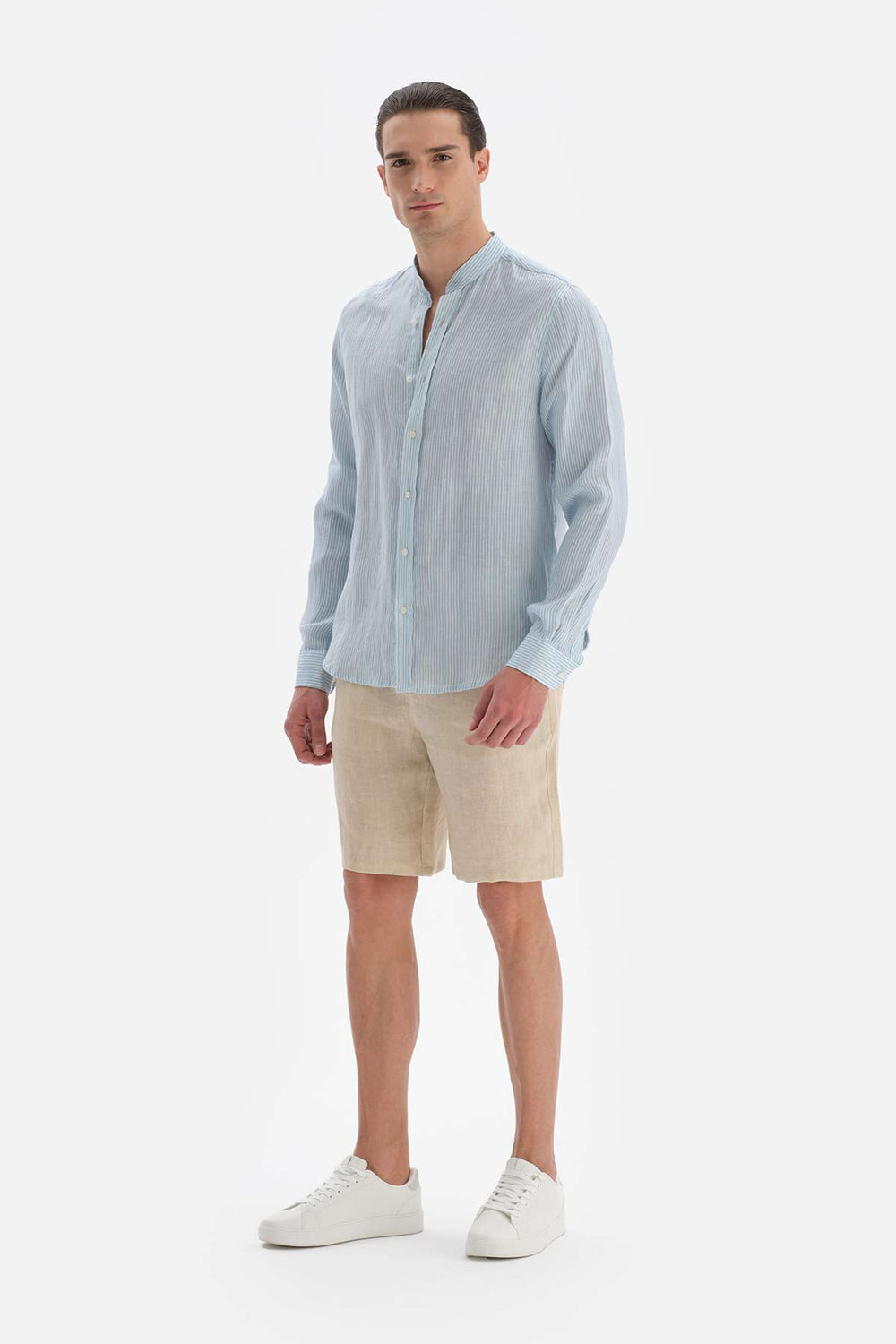 Açıkmavi Keten m Yaka Çizgili Gömlek