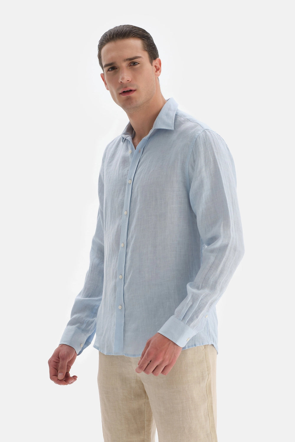Açıkmavi Uzun Kol Keten Gömlek