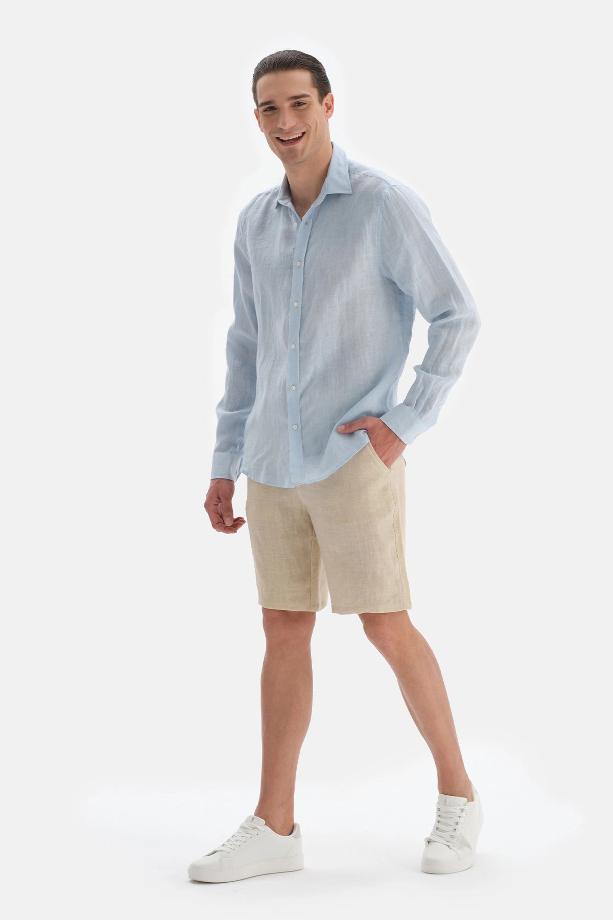 Açıkmavi Uzun Kol Keten Gömlek