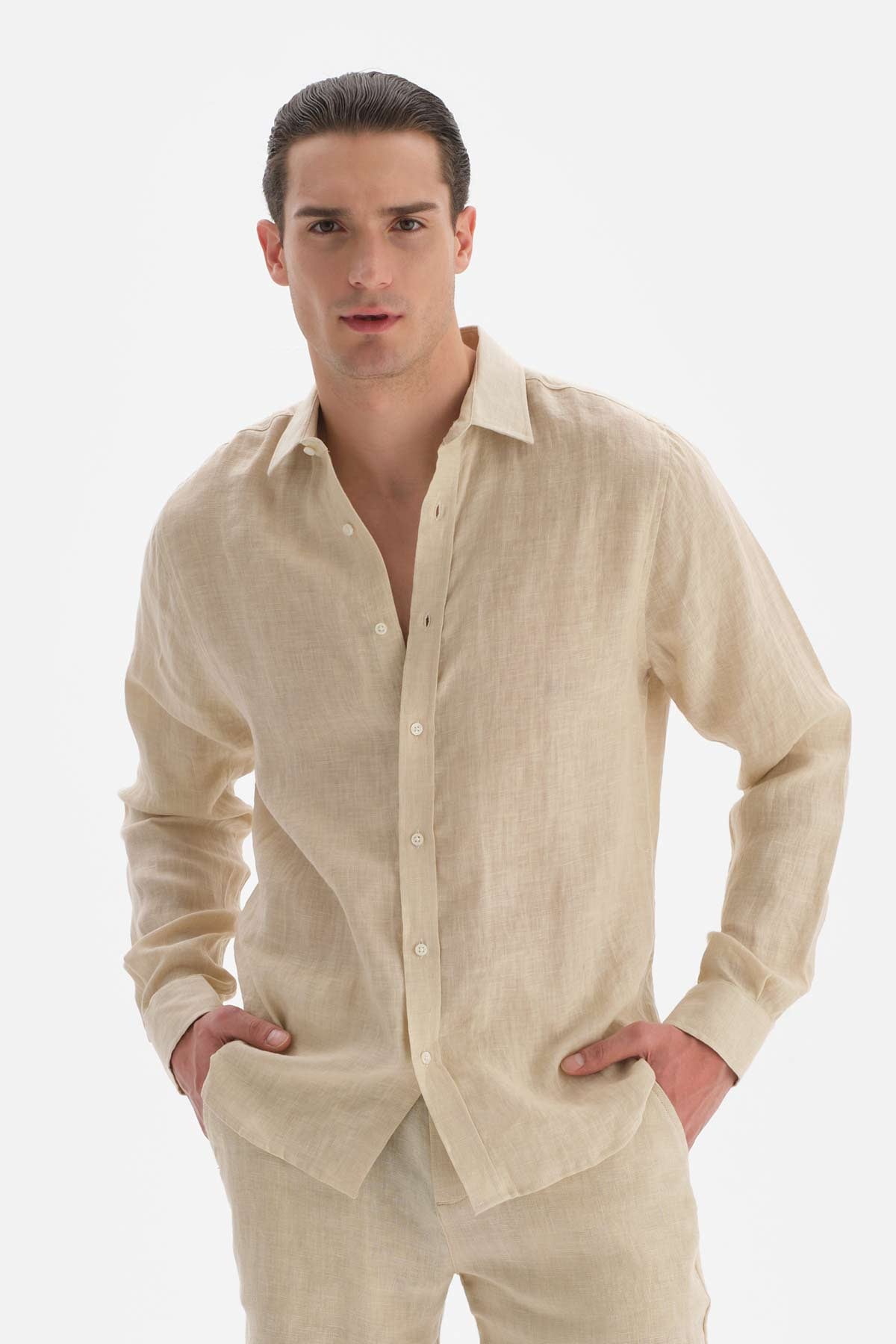 Bej Uzun Kol Keten Gömlek