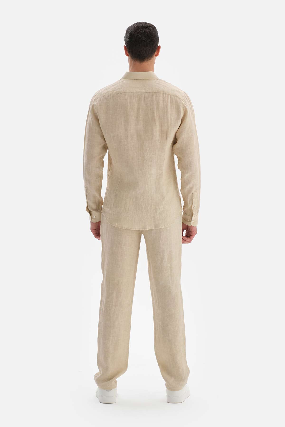 Bej Uzun Kol Keten Gömlek