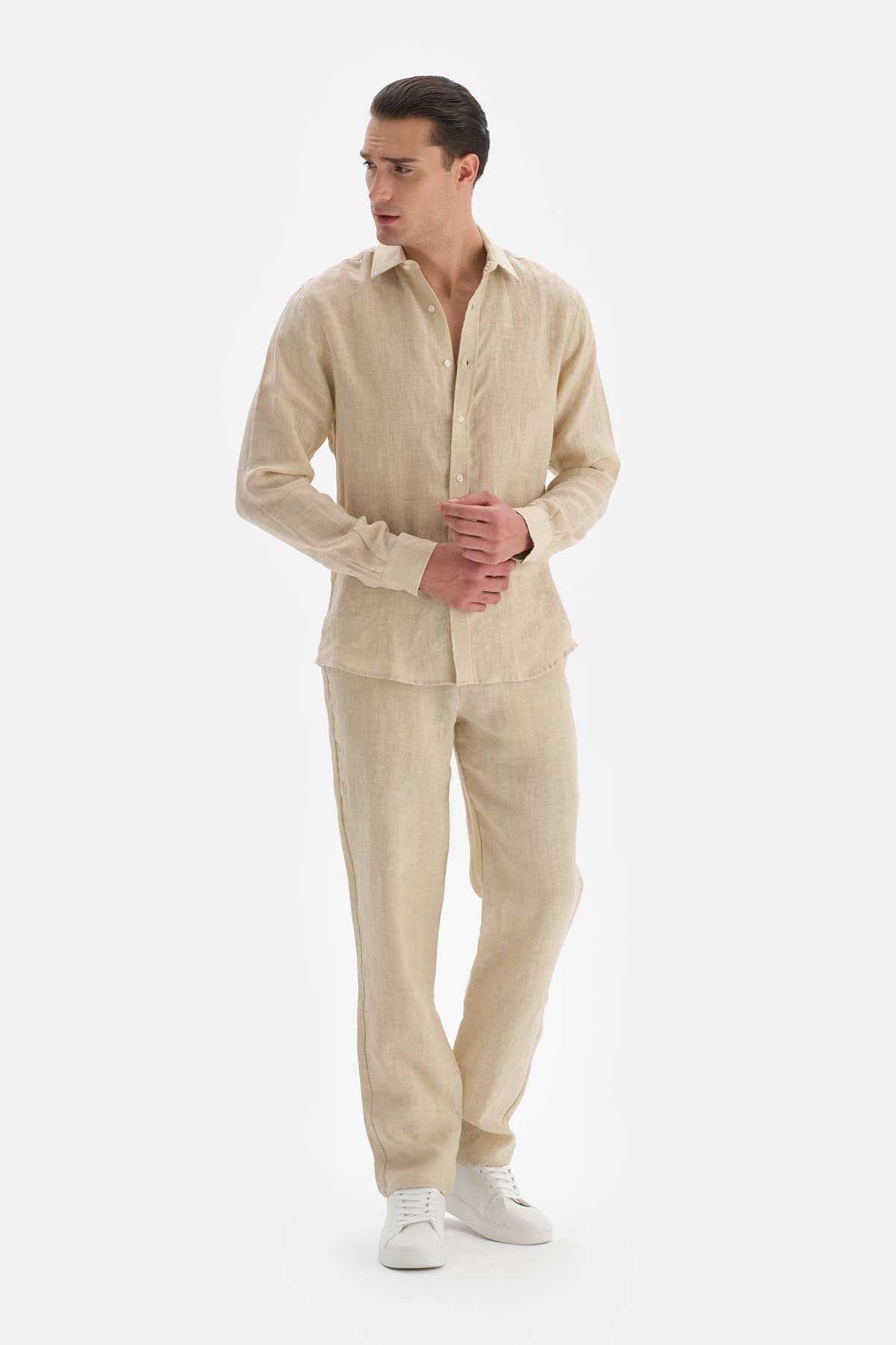 Bej Uzun Kol Keten Gömlek