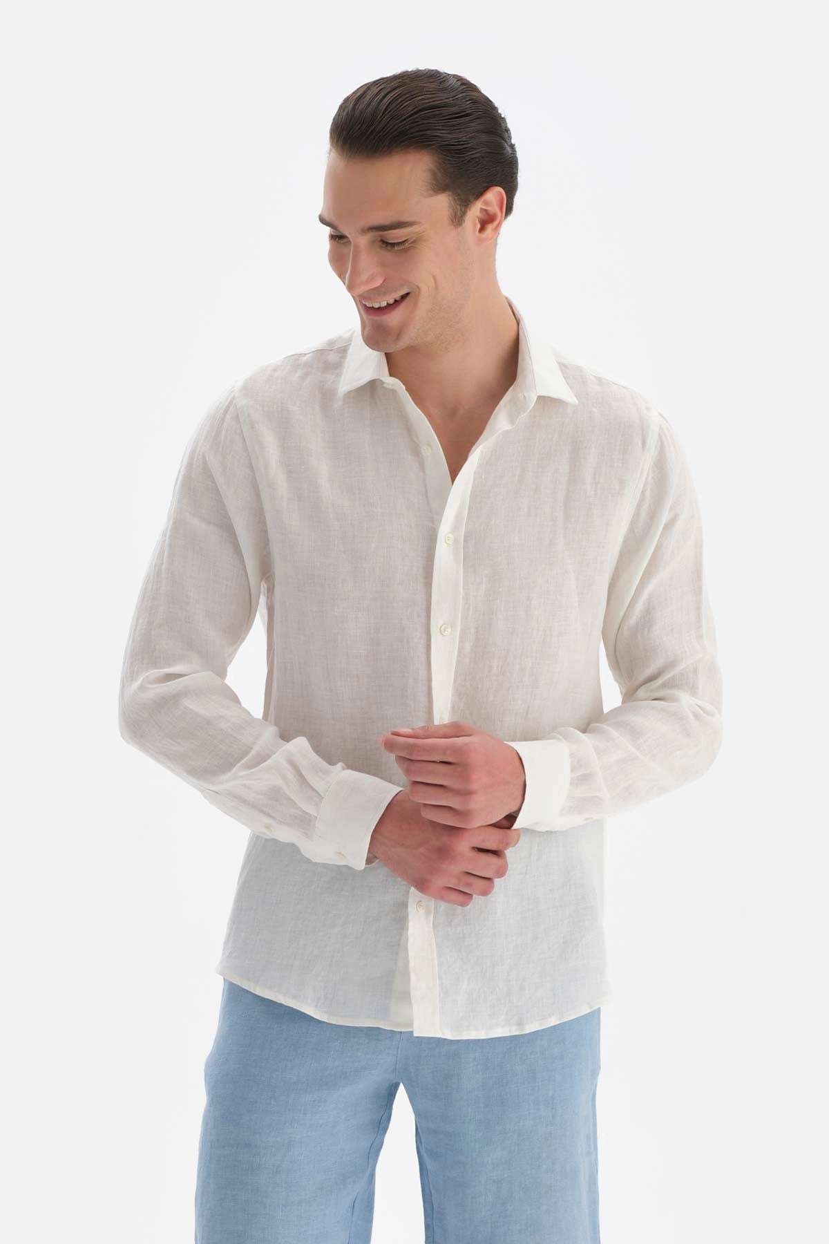 Beyaz Uzun Kol Keten Gömlek