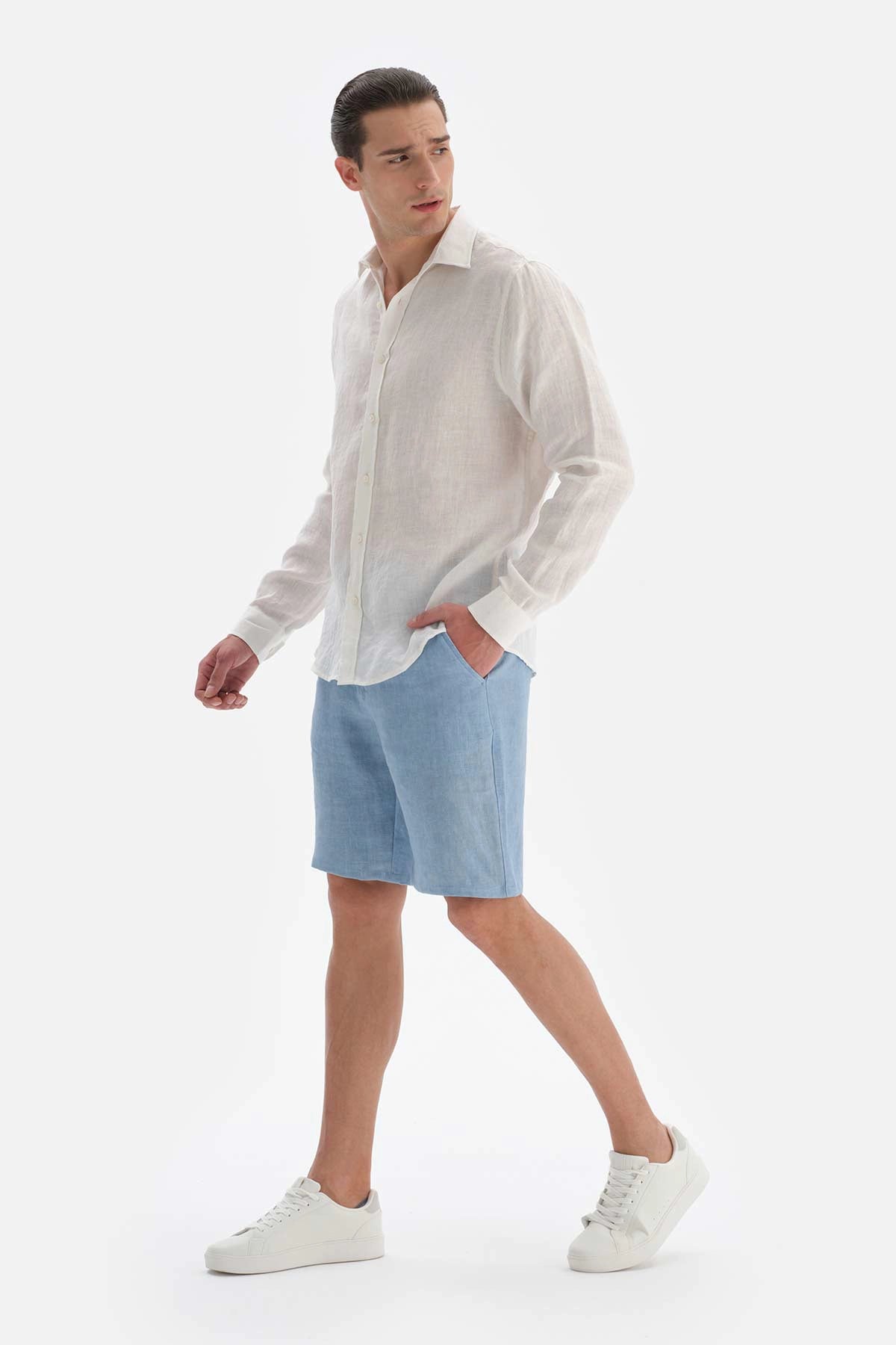 Beyaz Uzun Kol Keten Gömlek