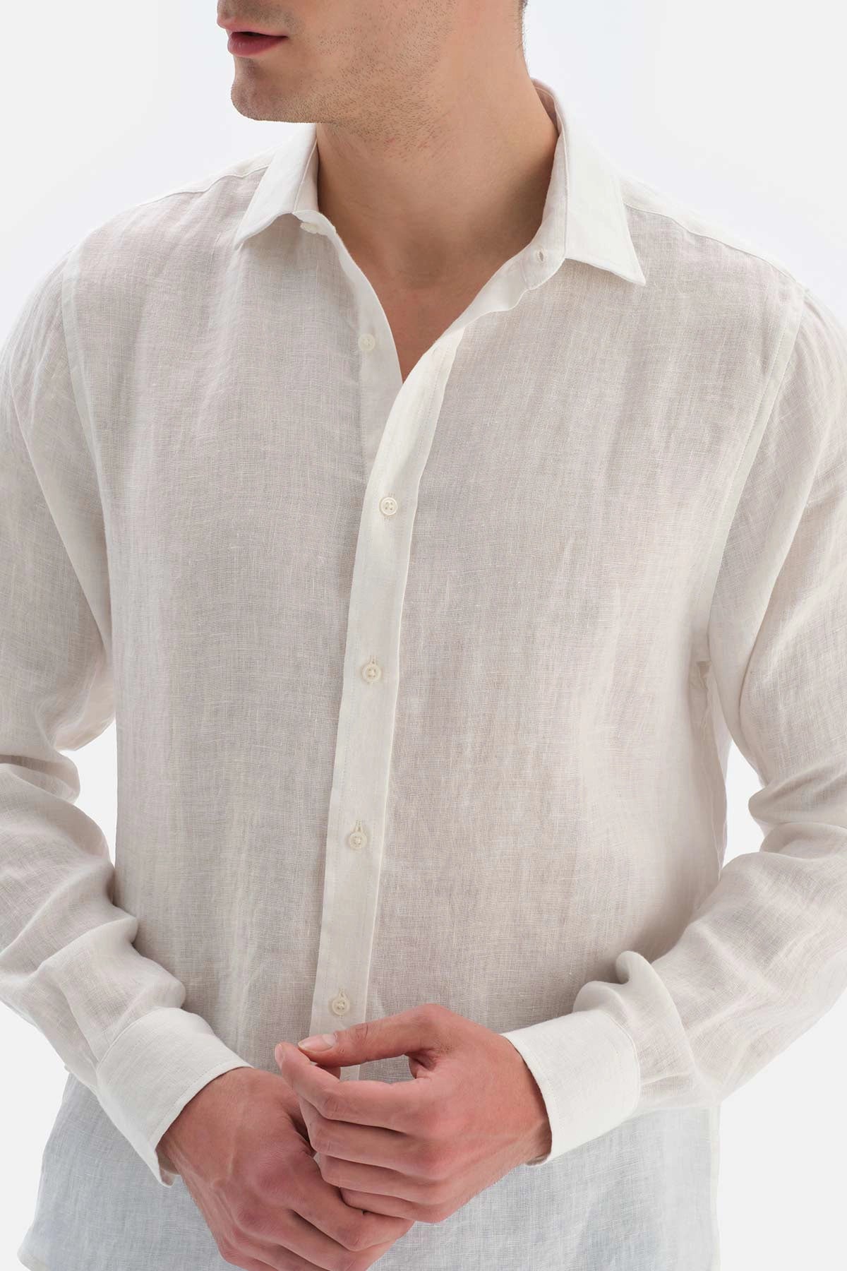 Beyaz Uzun Kol Keten Gömlek