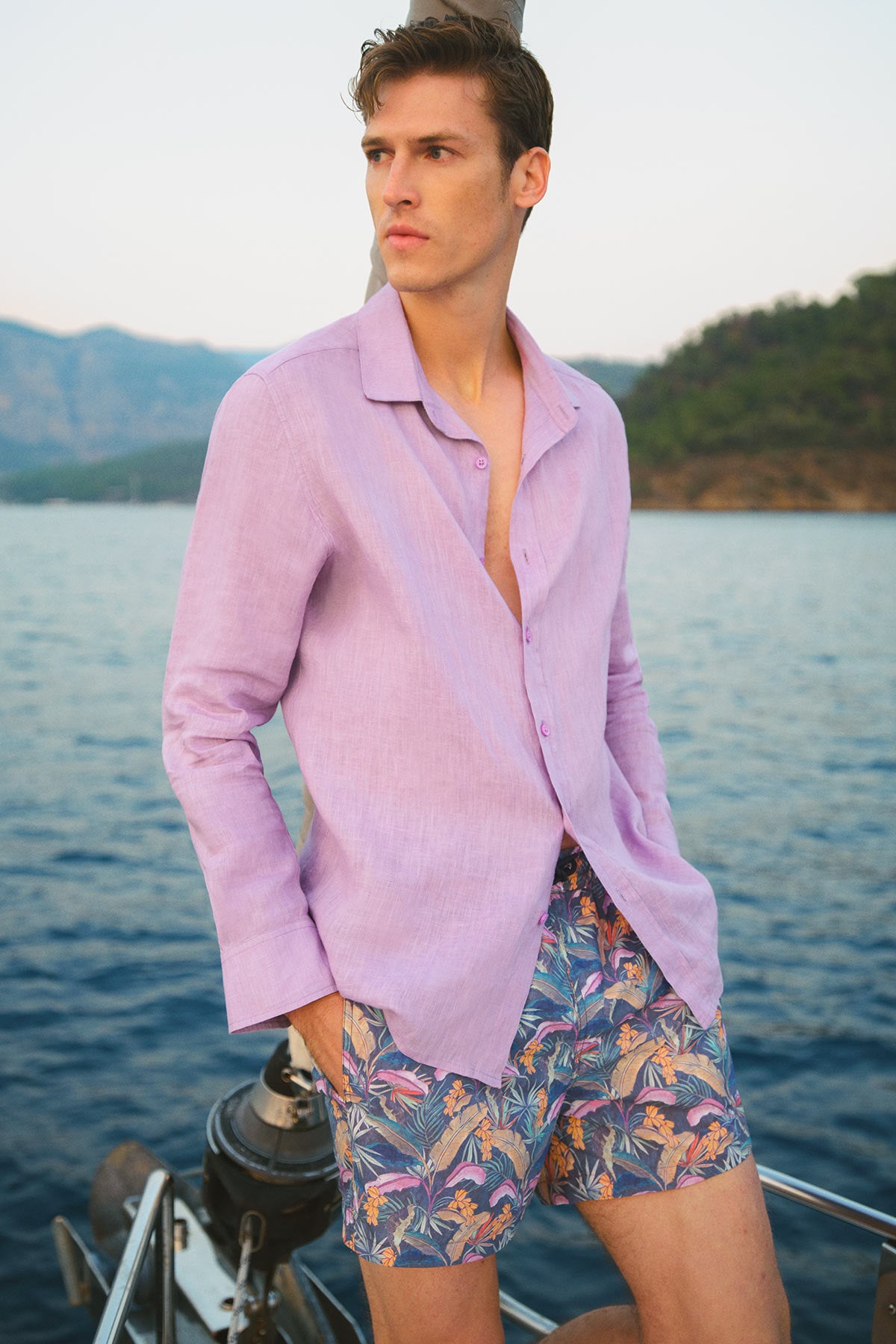 Lila Uzun Kol Keten Gömlek