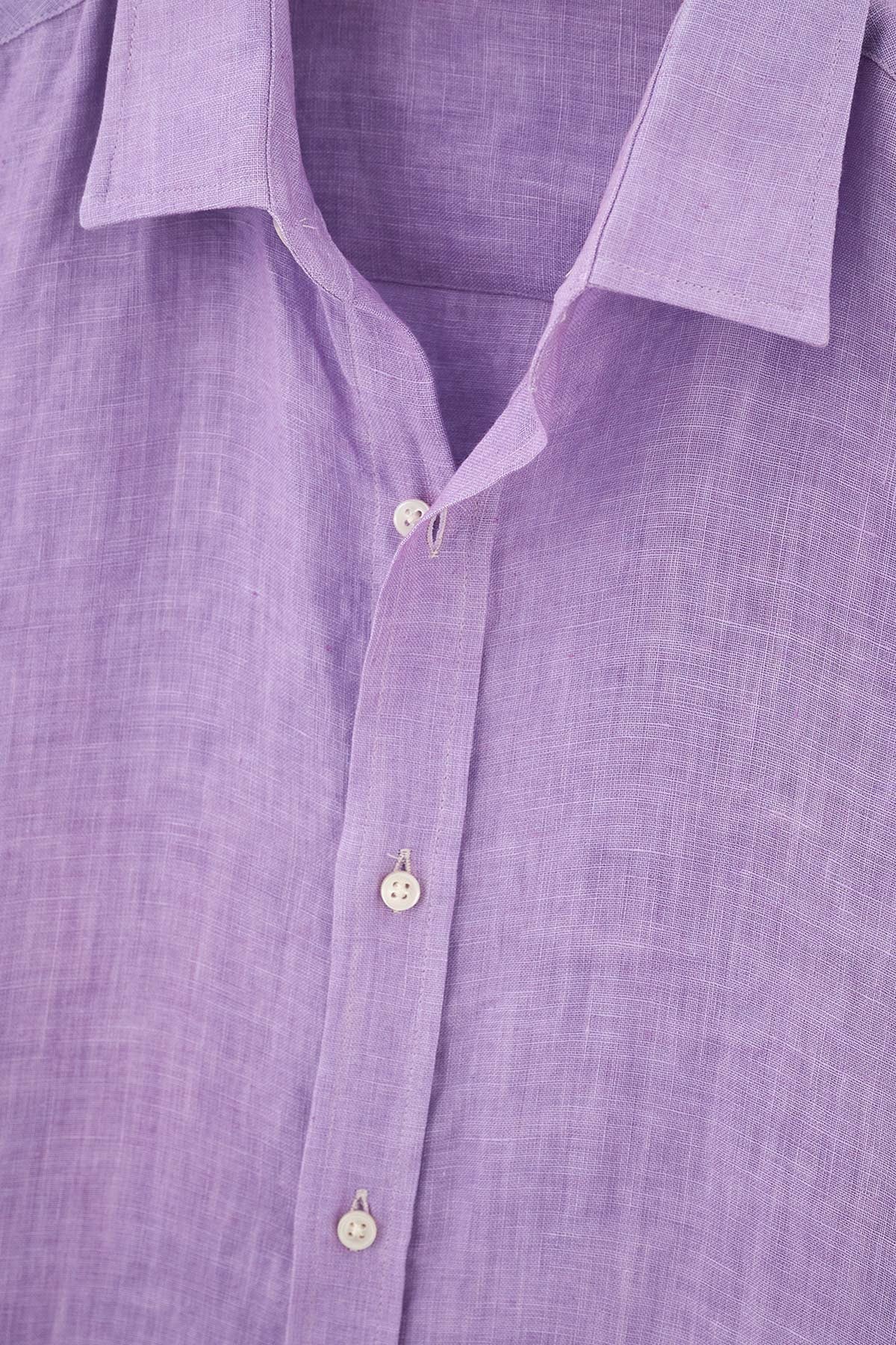 Lila Uzun Kol Keten Gömlek