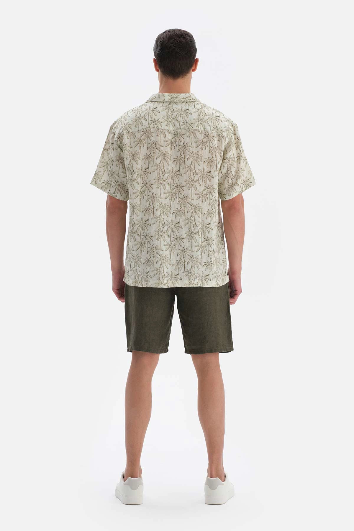 Bej Keten Palmiye Desenli Gömlek