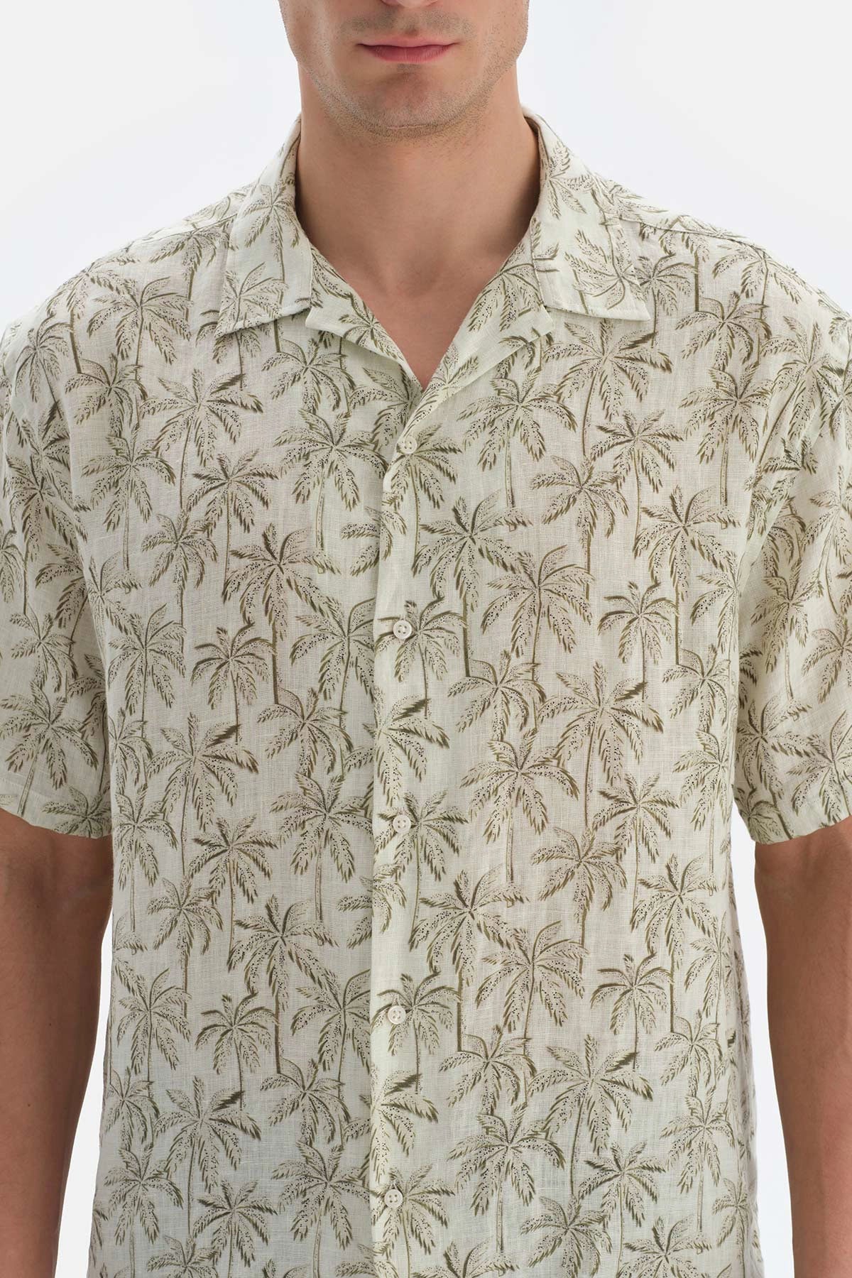 Bej Keten Palmiye Desenli Gömlek