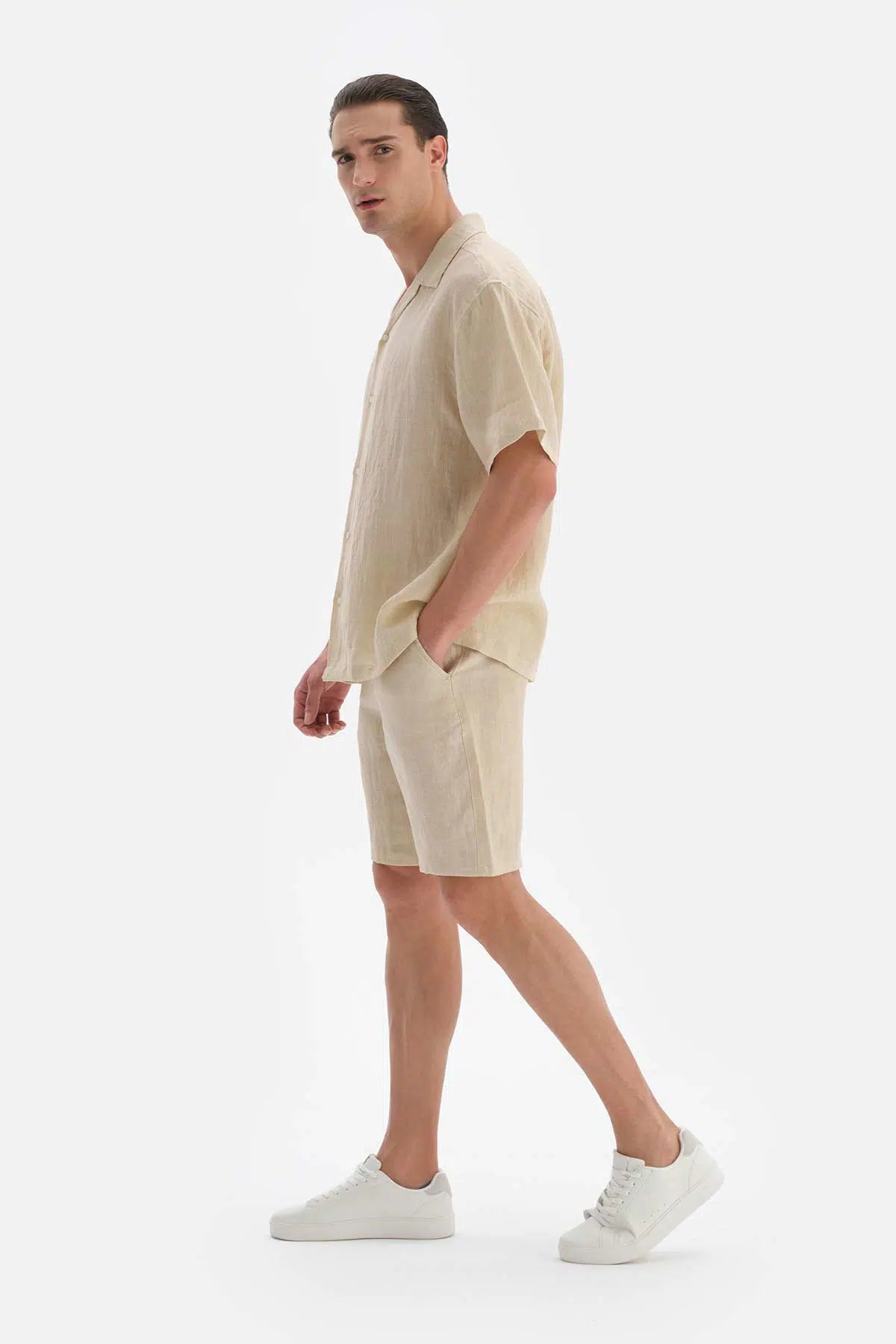 Bej Kısa Kol Keten Gömlek