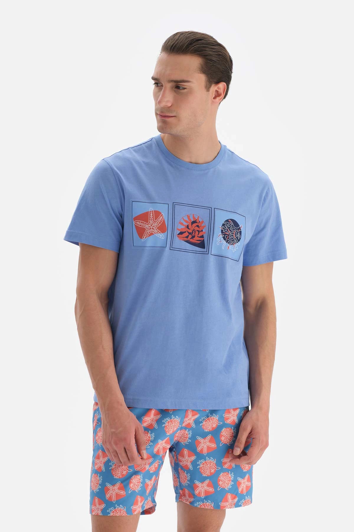 Mavi Baskılı Bisiklet Yaka Pamuklu T-Shirt