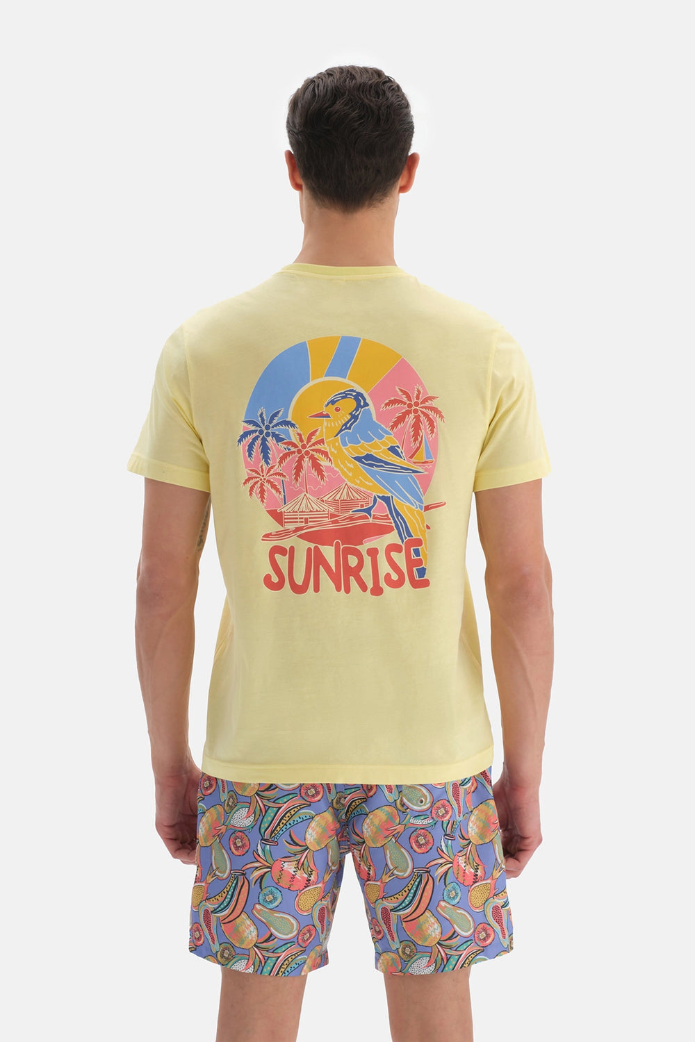 Açık Sarı Baskılı Bisiklet Yaka T-Shirt