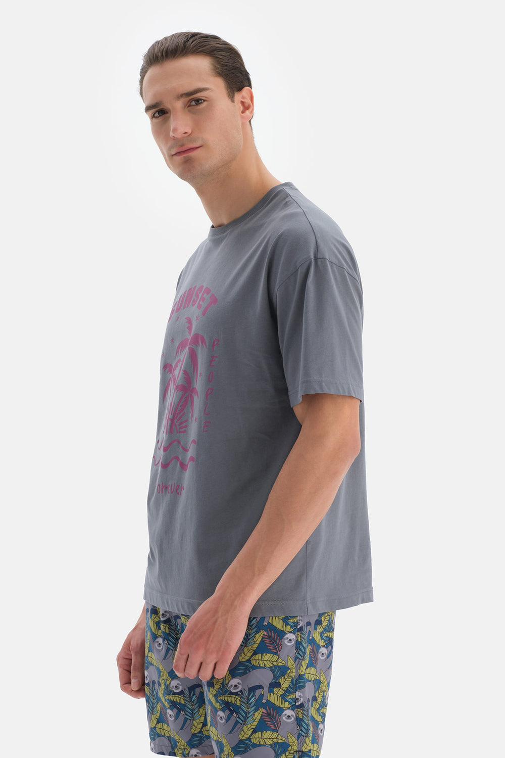 Antrasit Baskılı Bisiklet Yaka T-Shirt