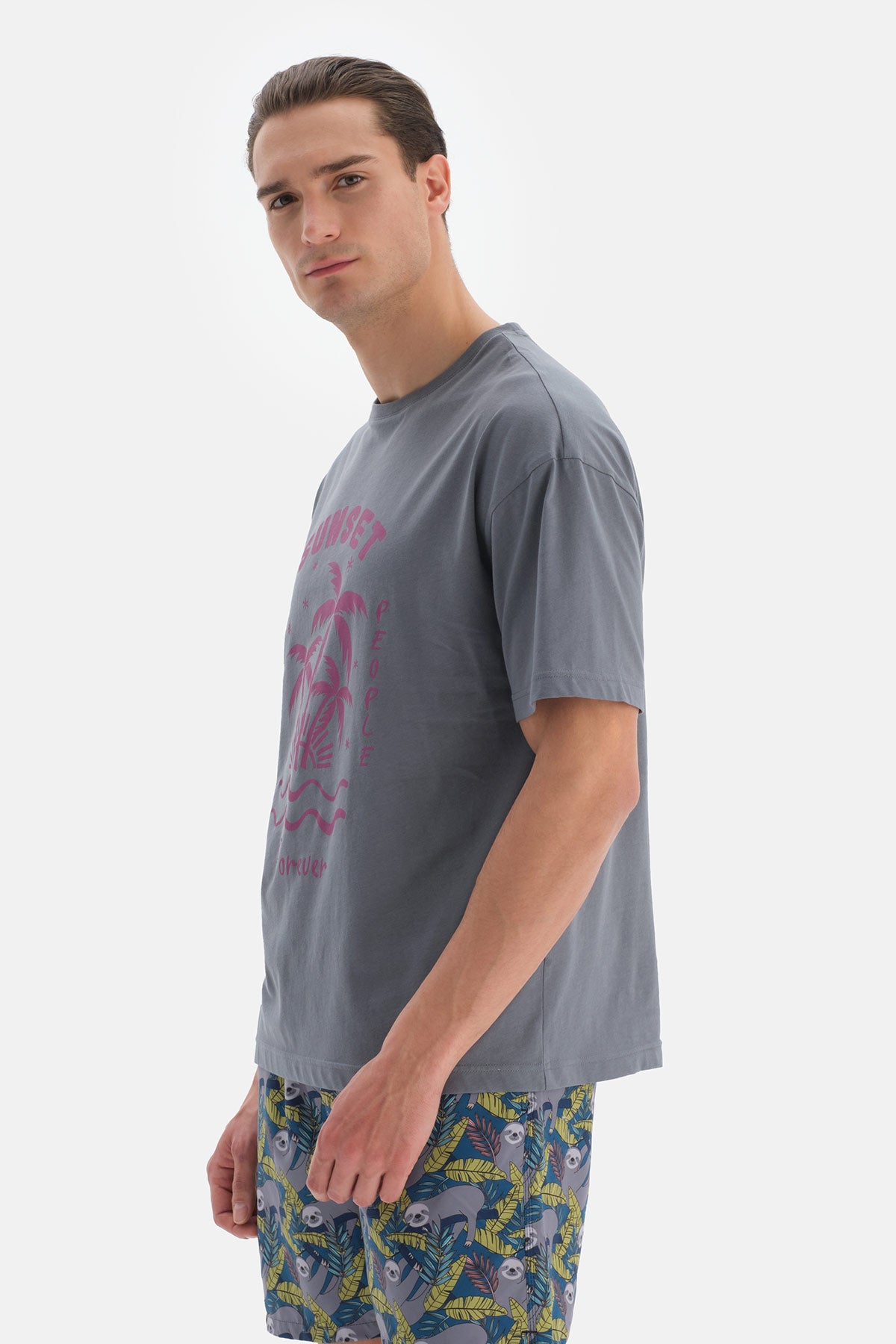 Antrasit Baskılı Bisiklet Yaka T-Shirt