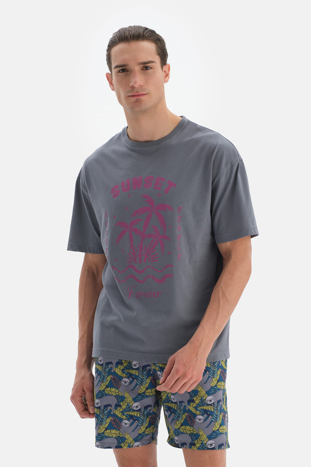 Antrasit Baskılı Bisiklet Yaka T-Shirt