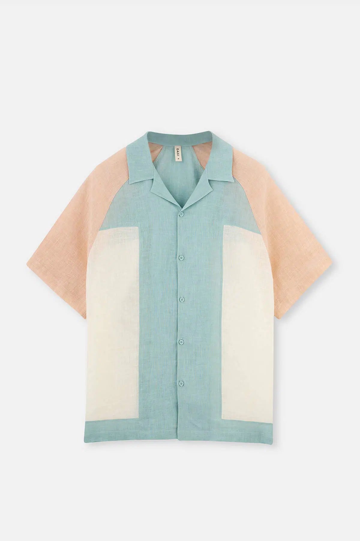 Ekru - Yeşil Keten Parçalı Gömlek