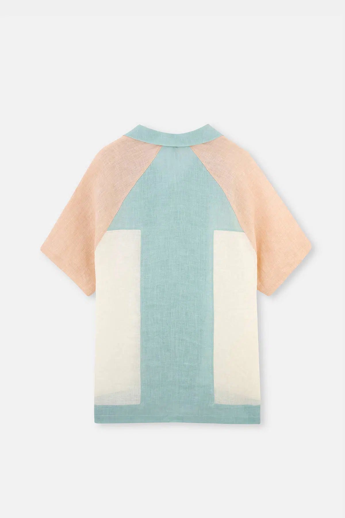 Ekru - Yeşil Keten Parçalı Gömlek