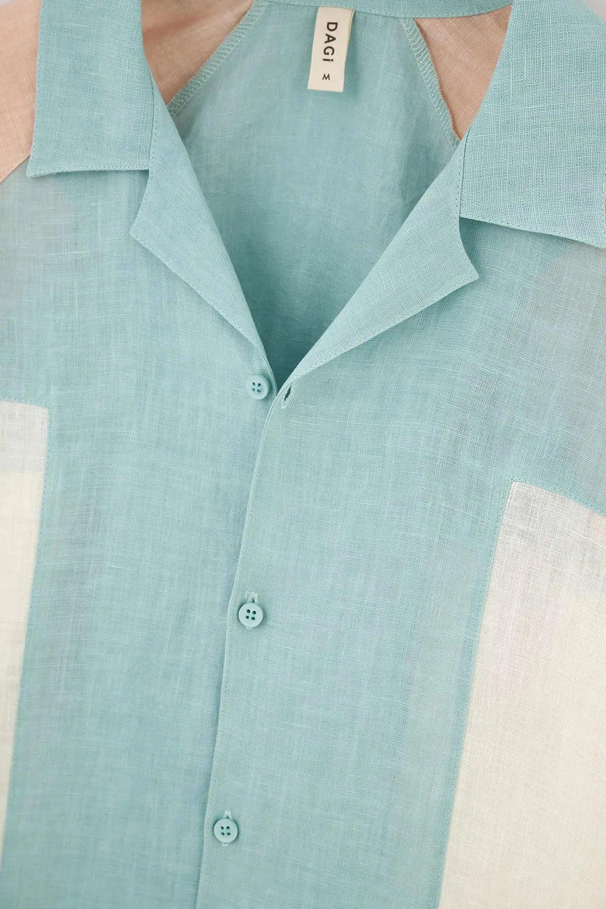 Ekru - Yeşil Keten Parçalı Gömlek