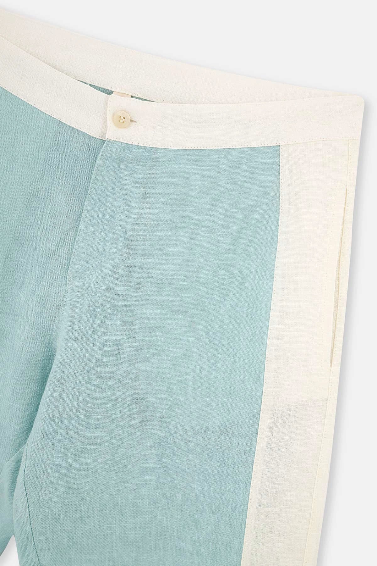 Ekru - Yeşil Keten Şort