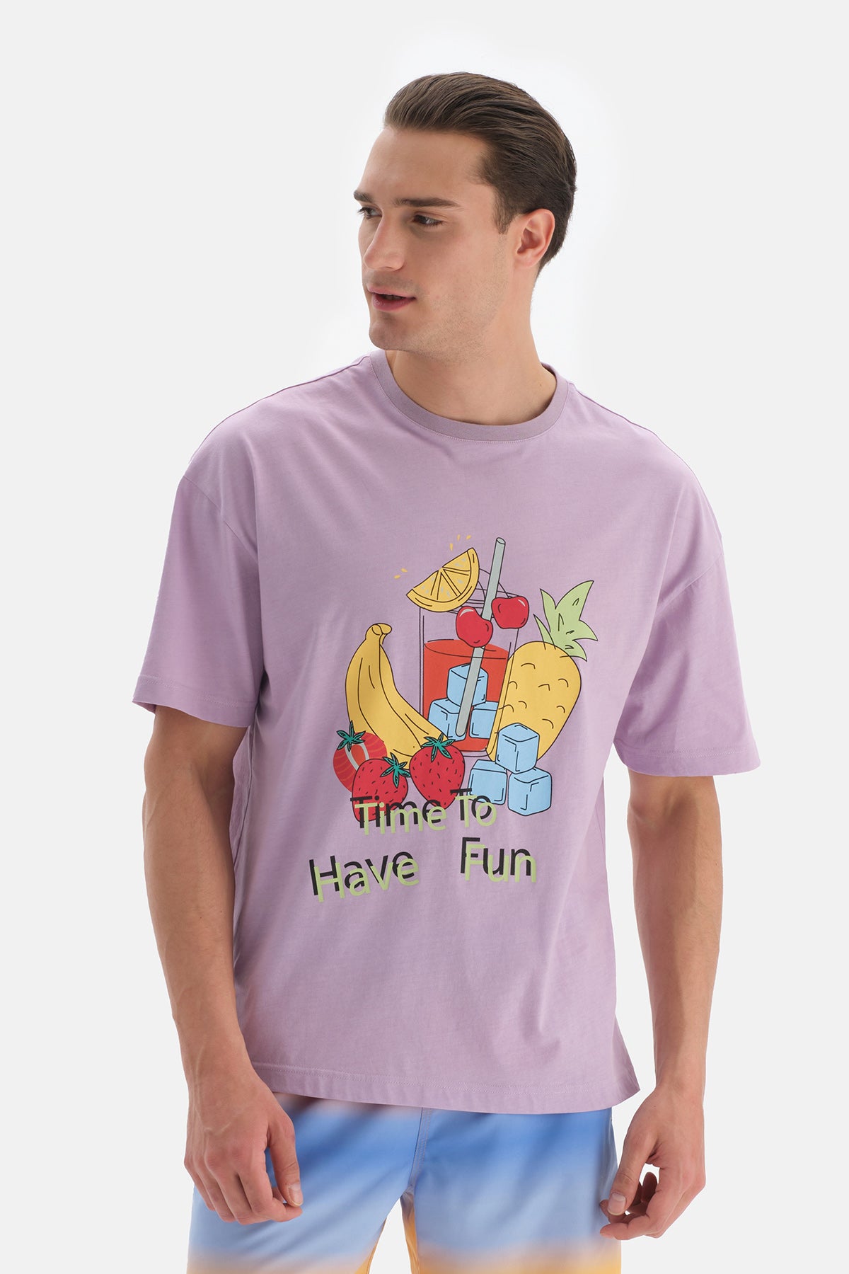 Lila Bisiklet Yaka Baskılı T-Shirt