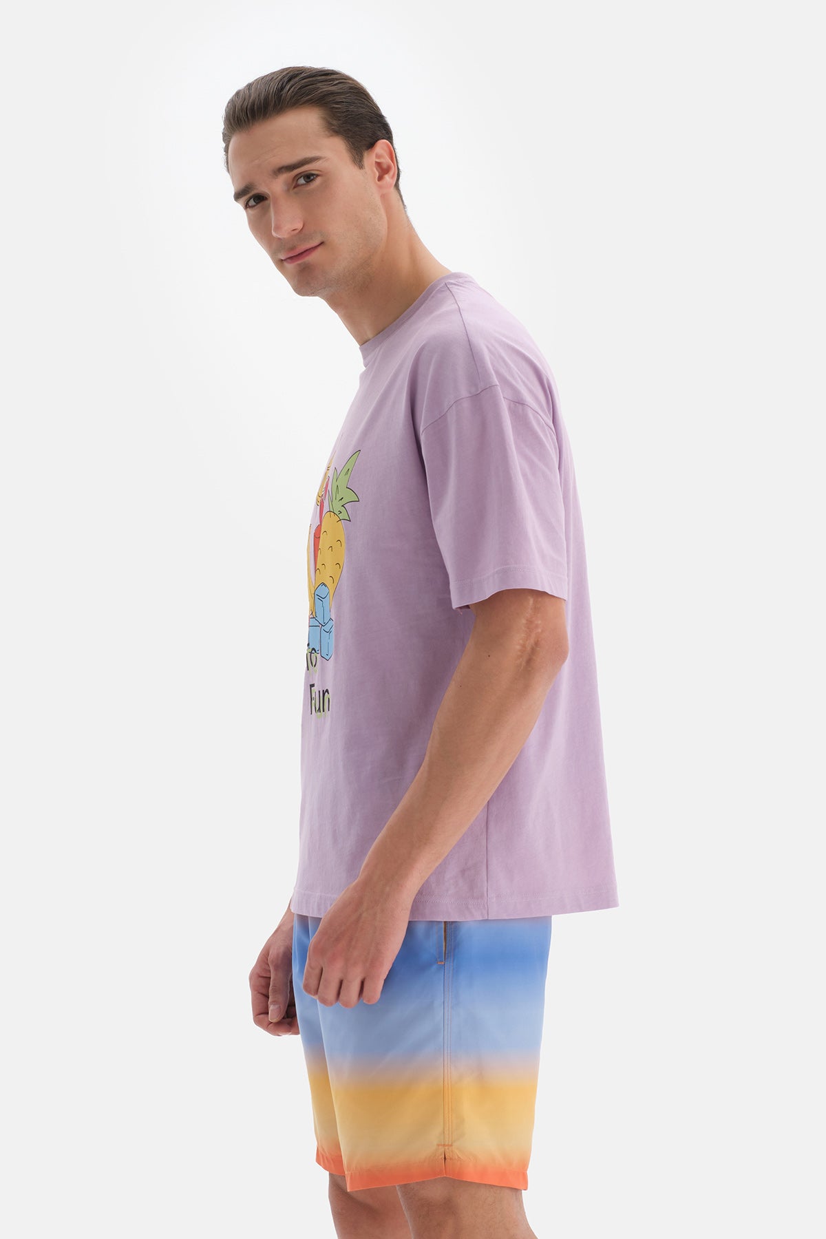 Lila Bisiklet Yaka Baskılı T-Shirt