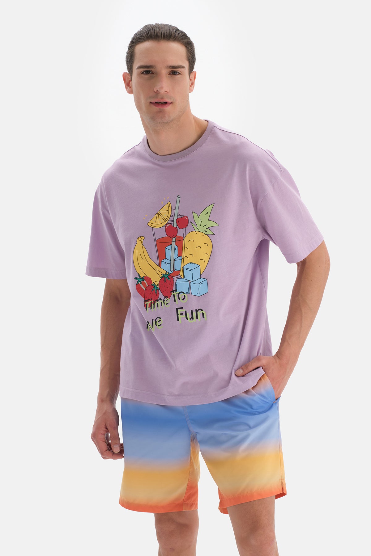 Lila Bisiklet Yaka Baskılı T-Shirt