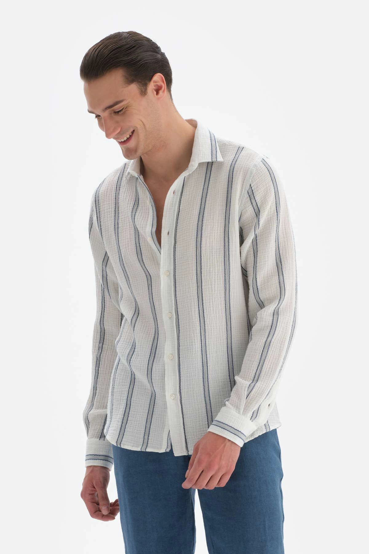 Beyaz Siyah Müslin Çizgili Gömlek