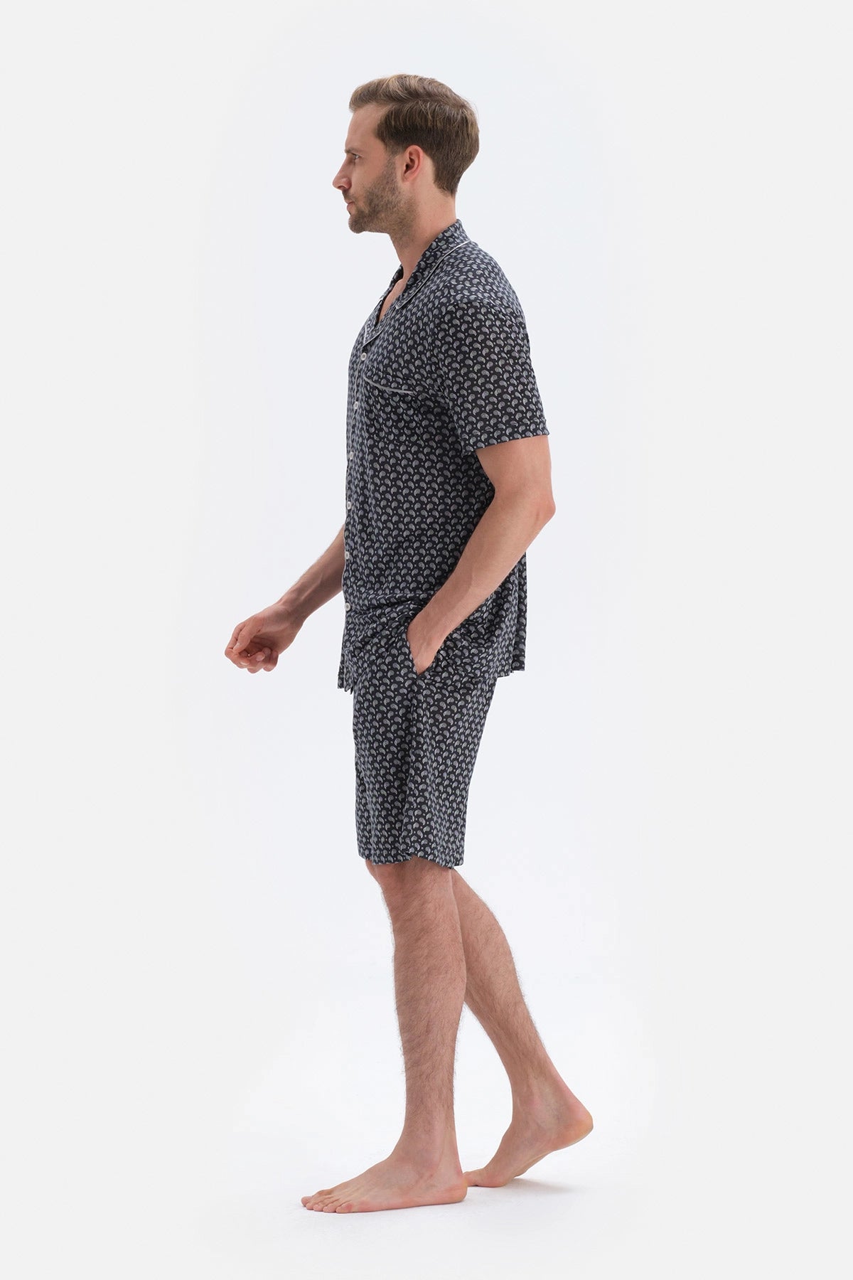 Siyah Şal Desenli Modal Damat Şortlu Pijama Takımı