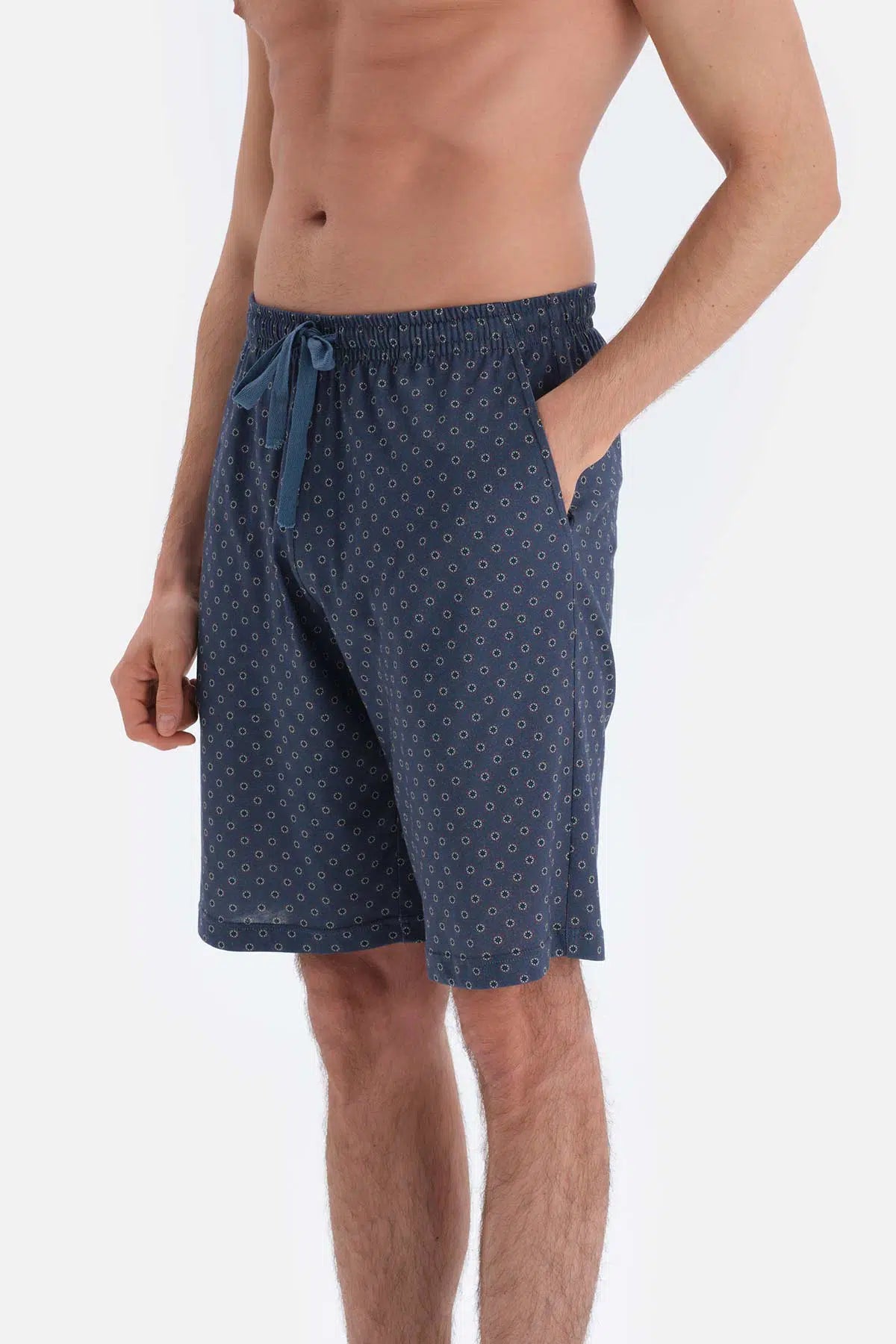 Lacivert Metraj Baskılı Gömlek Yaka Şort Örme Pijama Takımı