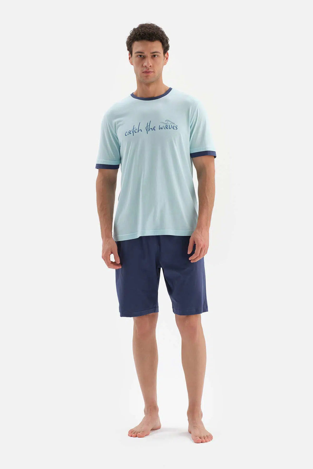 Açıkmavi Bis Yaka Slogan Baskılı Örme Pijama Takımı