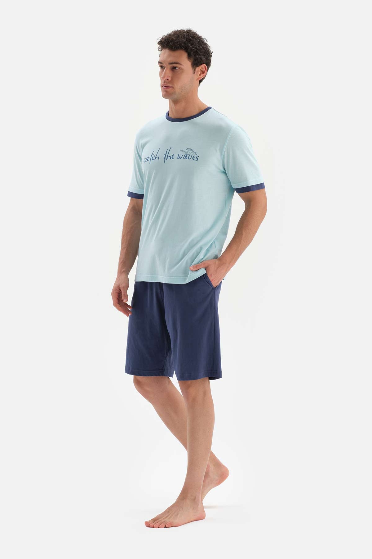 Açıkmavi Bis Yaka Slogan Baskılı Örme Pijama Takımı